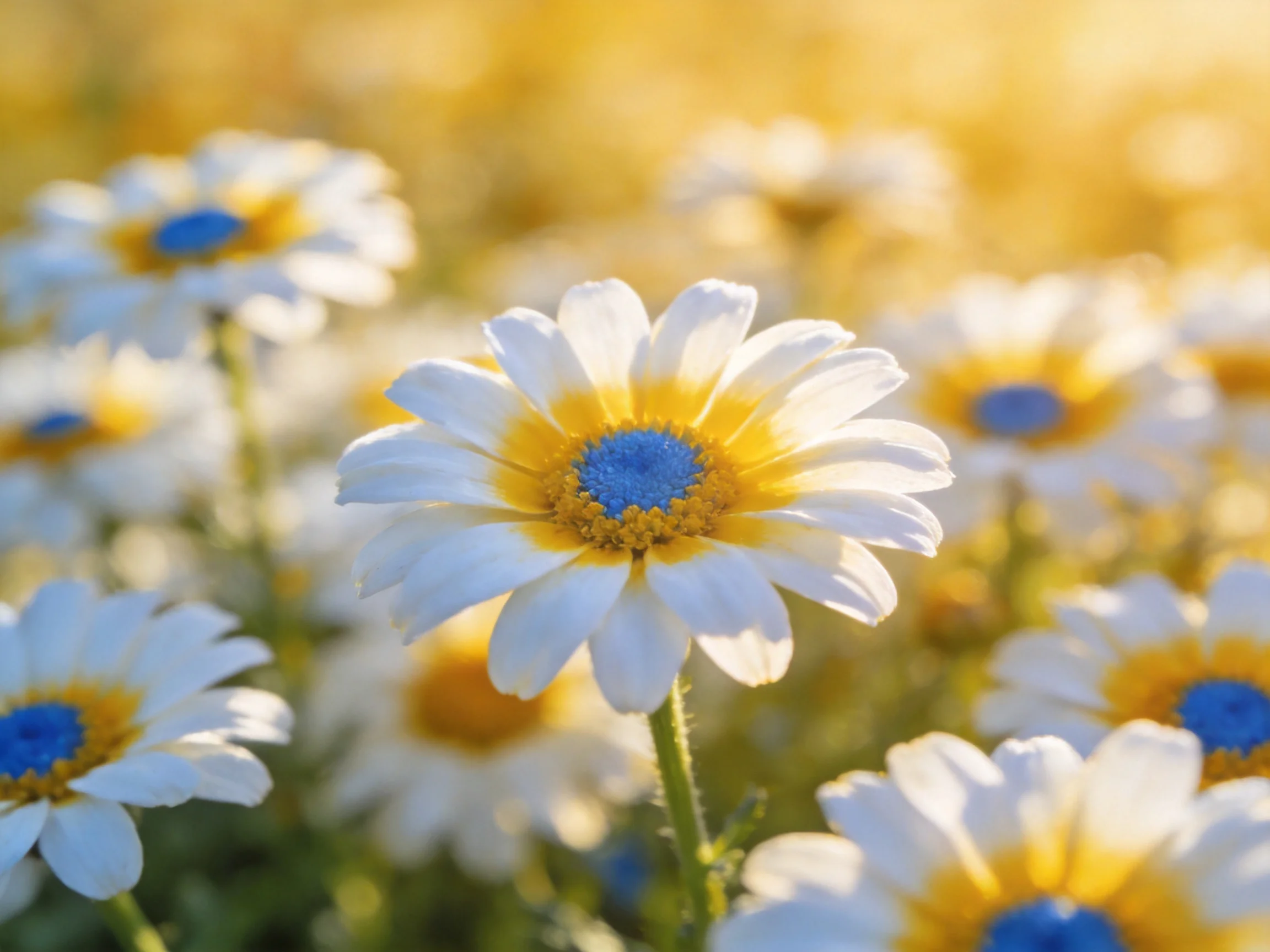 A sunlit field of daisies with white petals, yellow, and blue centers