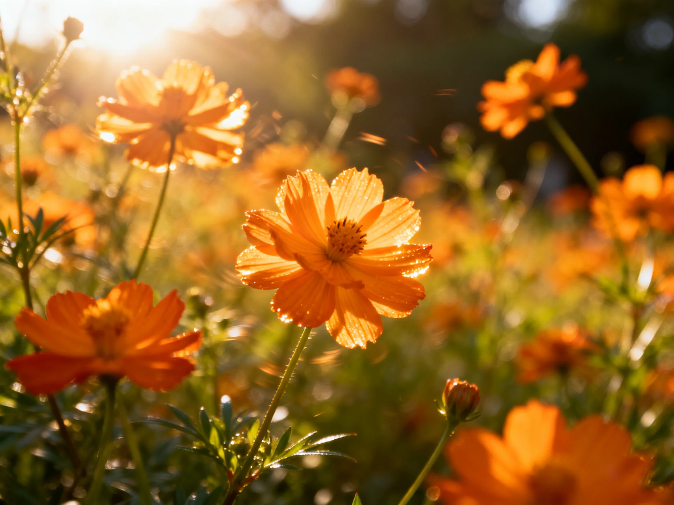 A sunlit field of vibrant orange cosmos flowers with dewy petals