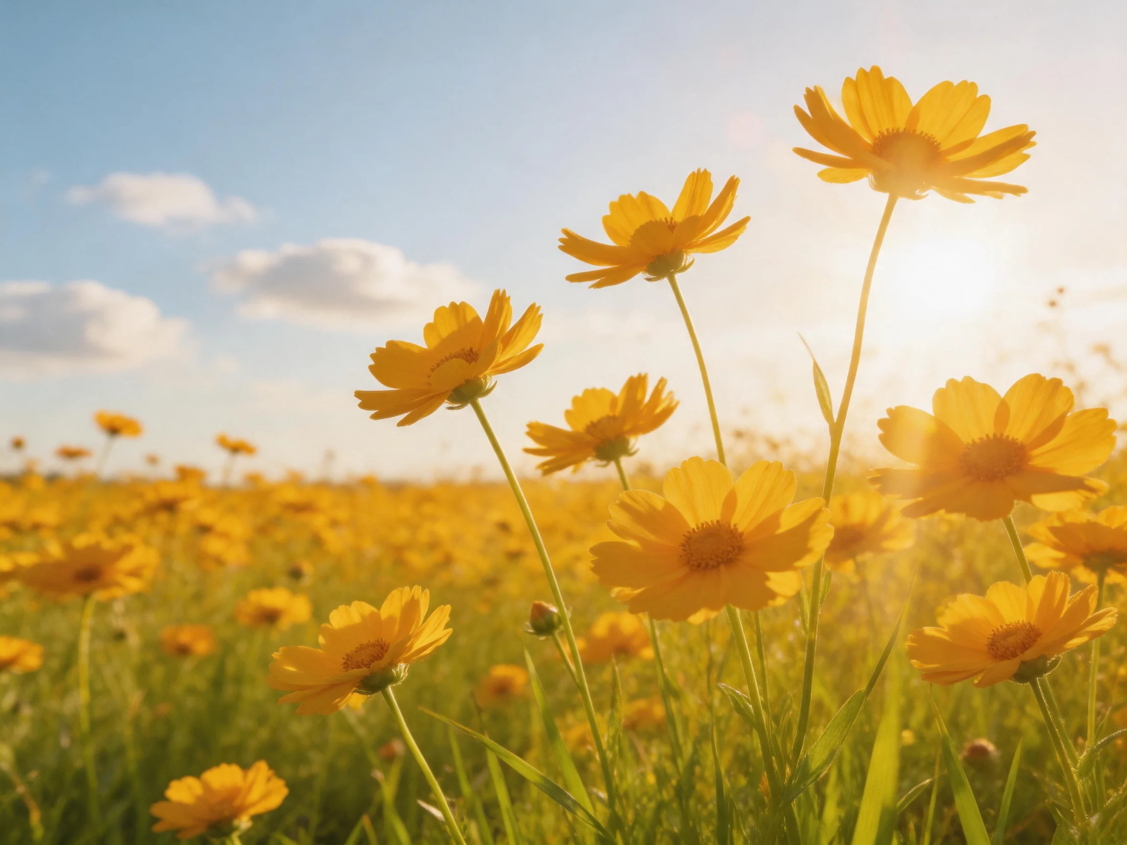 A sunlit field of vibrant yellow wildflowers under a clear blue sky