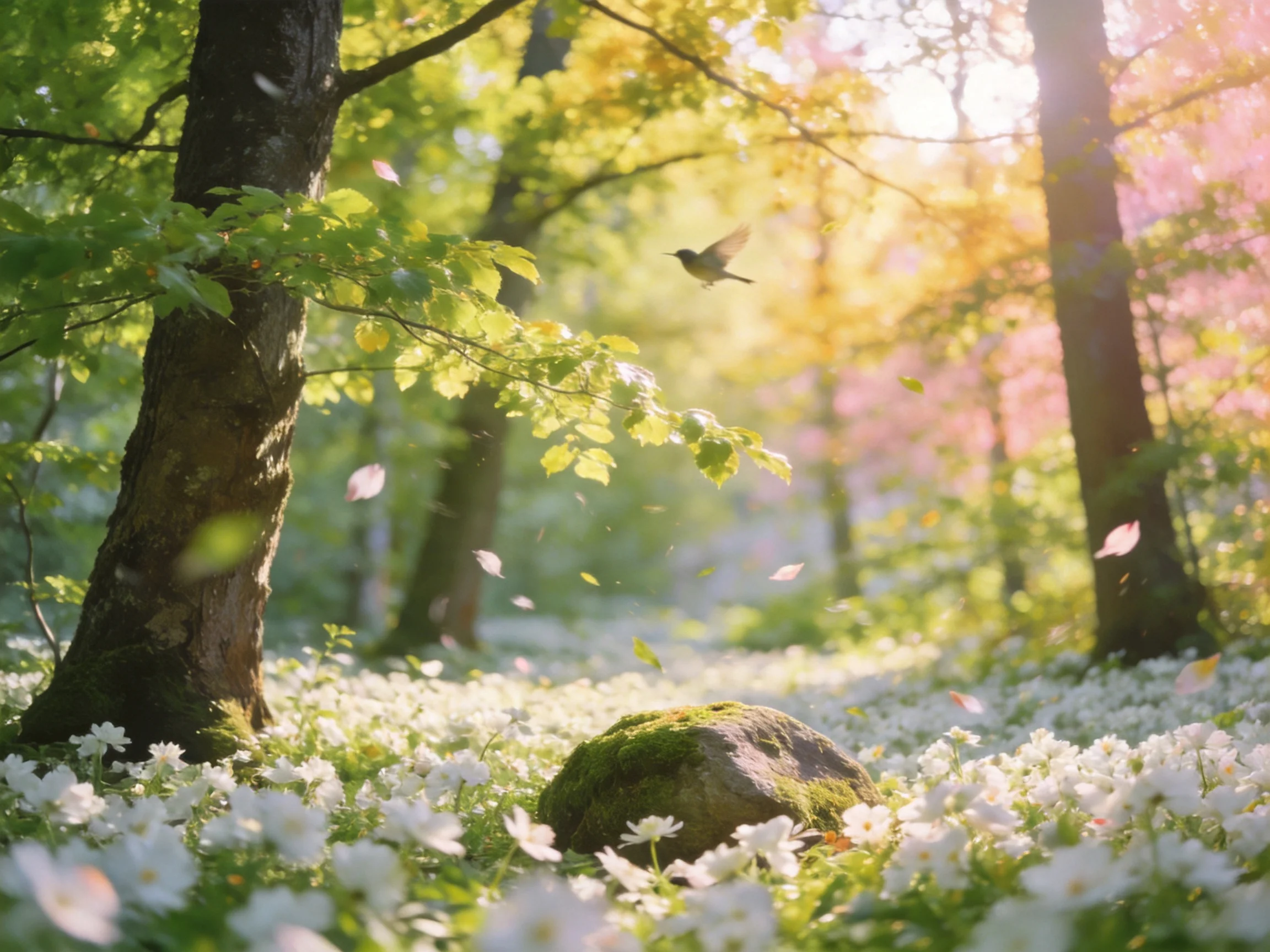 A sunlit forest glade with abundant white flowers and a flying bird