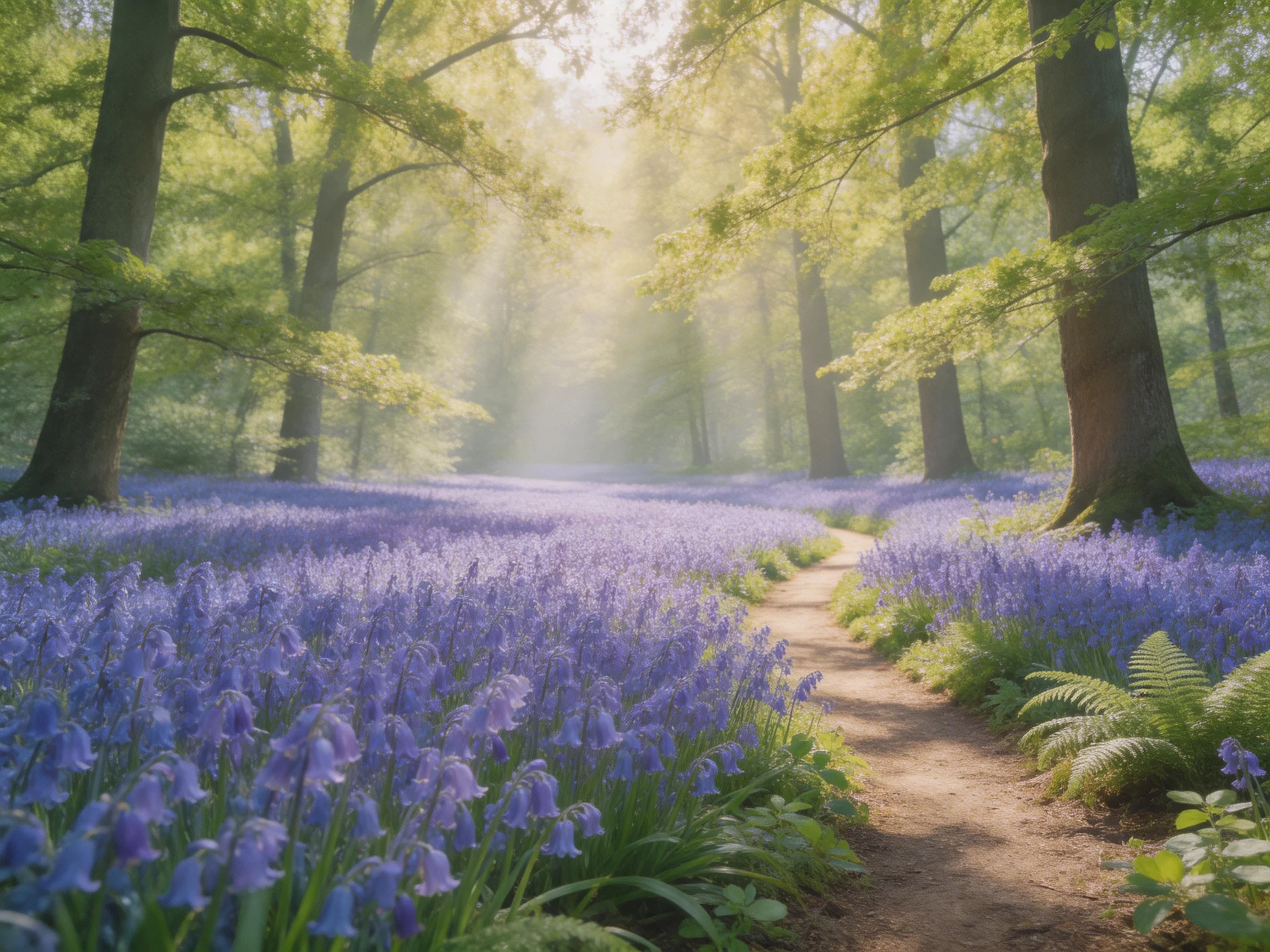 A sunlit forest path winding through dense bluebell meadows