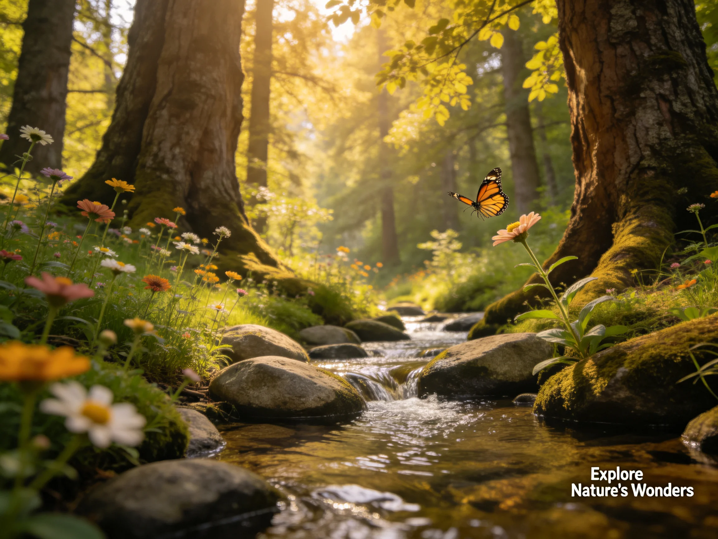 A sunlit forest stream with colorful wildflowers and a monarch butterfly
