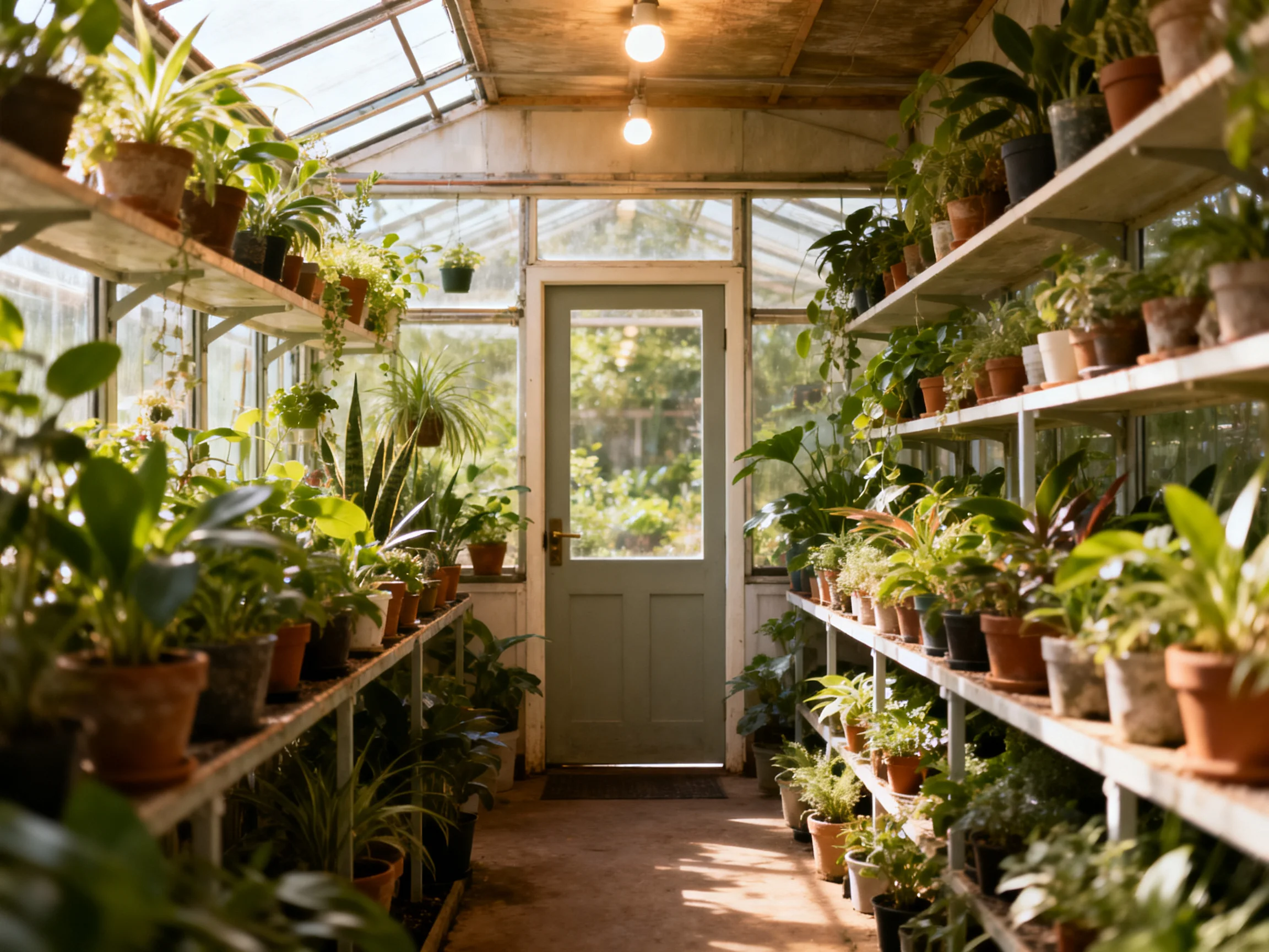 A sunlit greenhouse with numerous potted plants on metal shelves