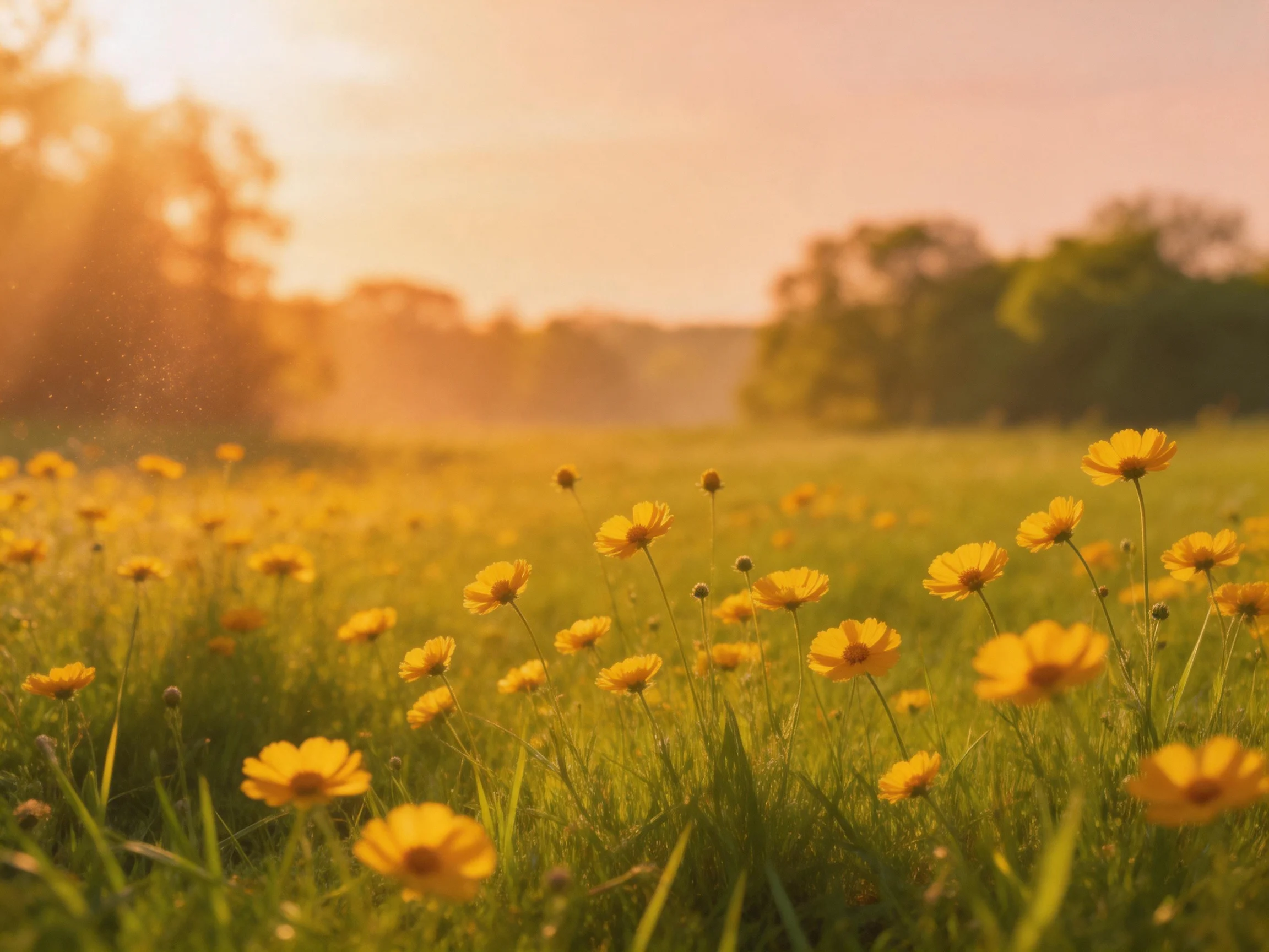 A sunlit meadow abundant with bright yellow wildflowers under golden hour