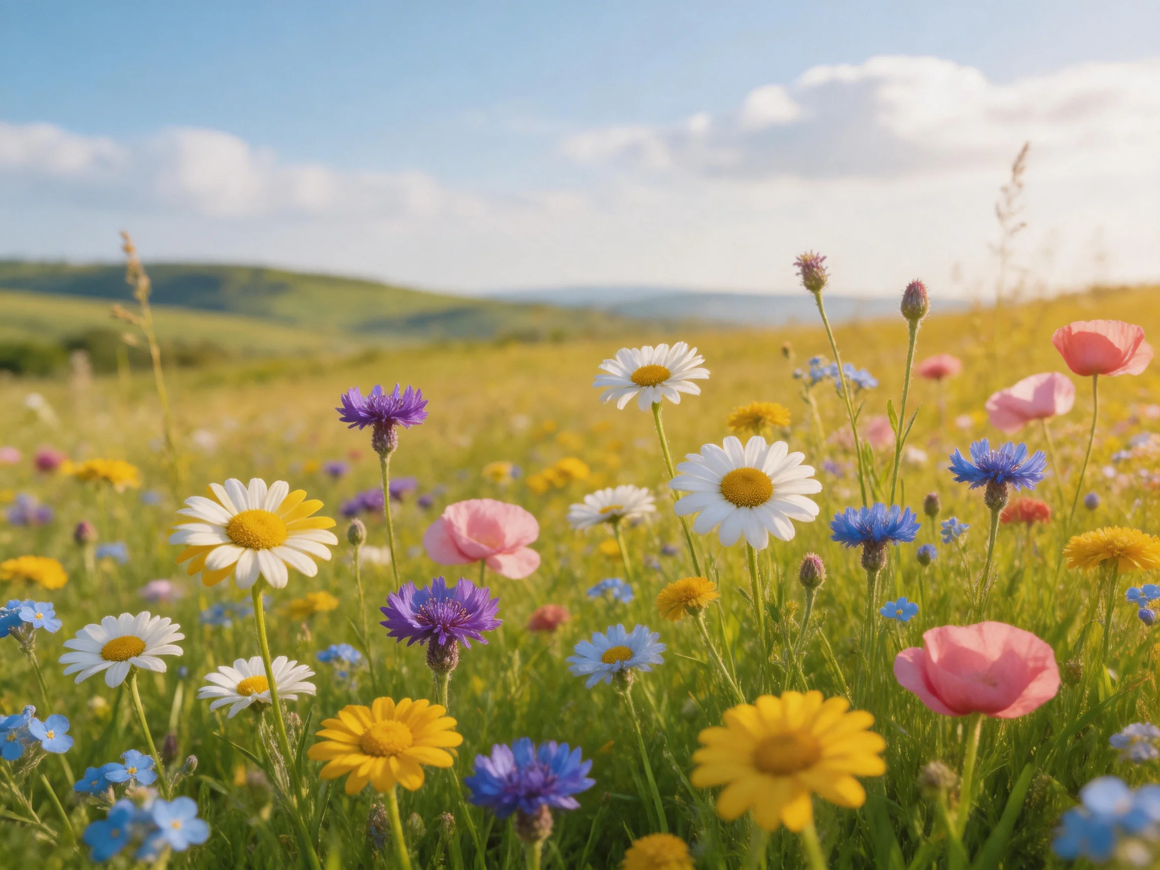 A sunlit meadow filled with varied colorful wildflowers