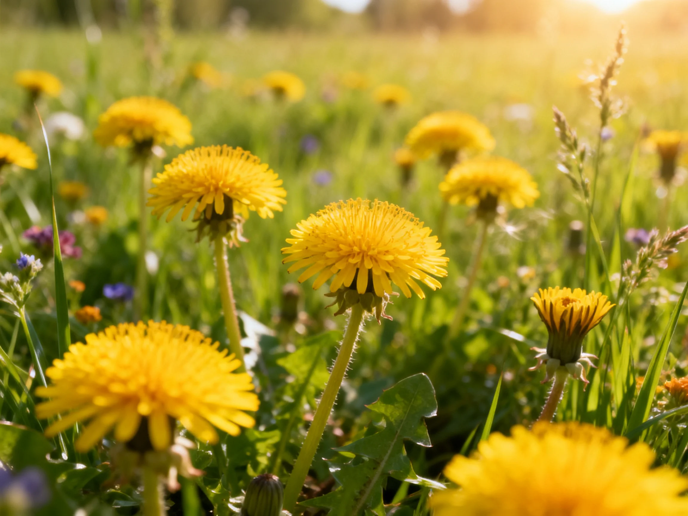 A sunlit meadow filled with vibrant yellow dandelions and lush greenery