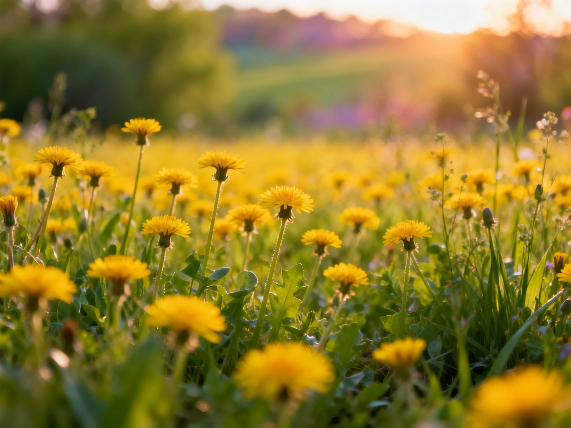 A sunlit meadow filled with vibrant yellow dandelions under golden hour light