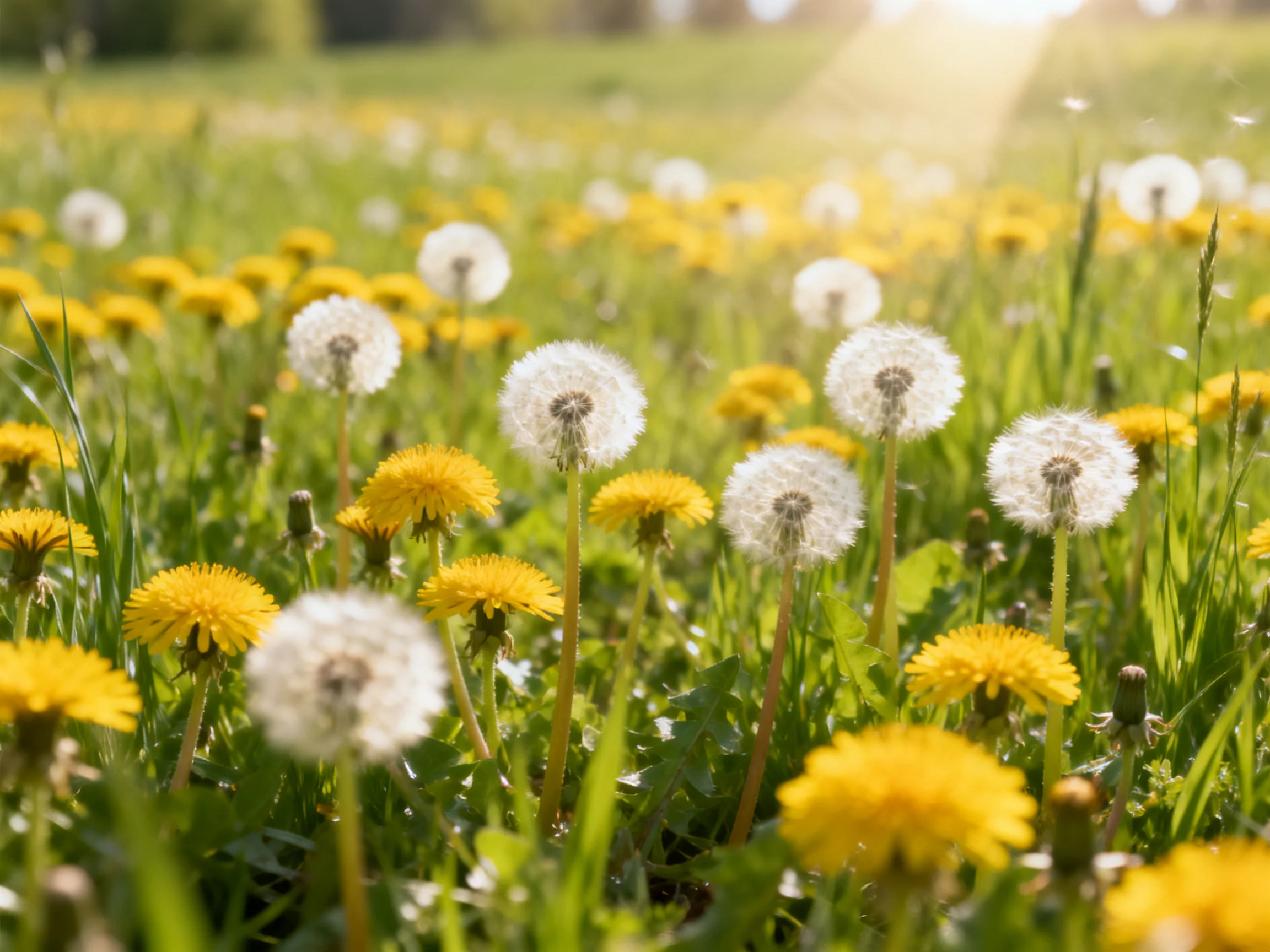 A sunlit meadow filled with yellow dandelion blooms and white seed heads