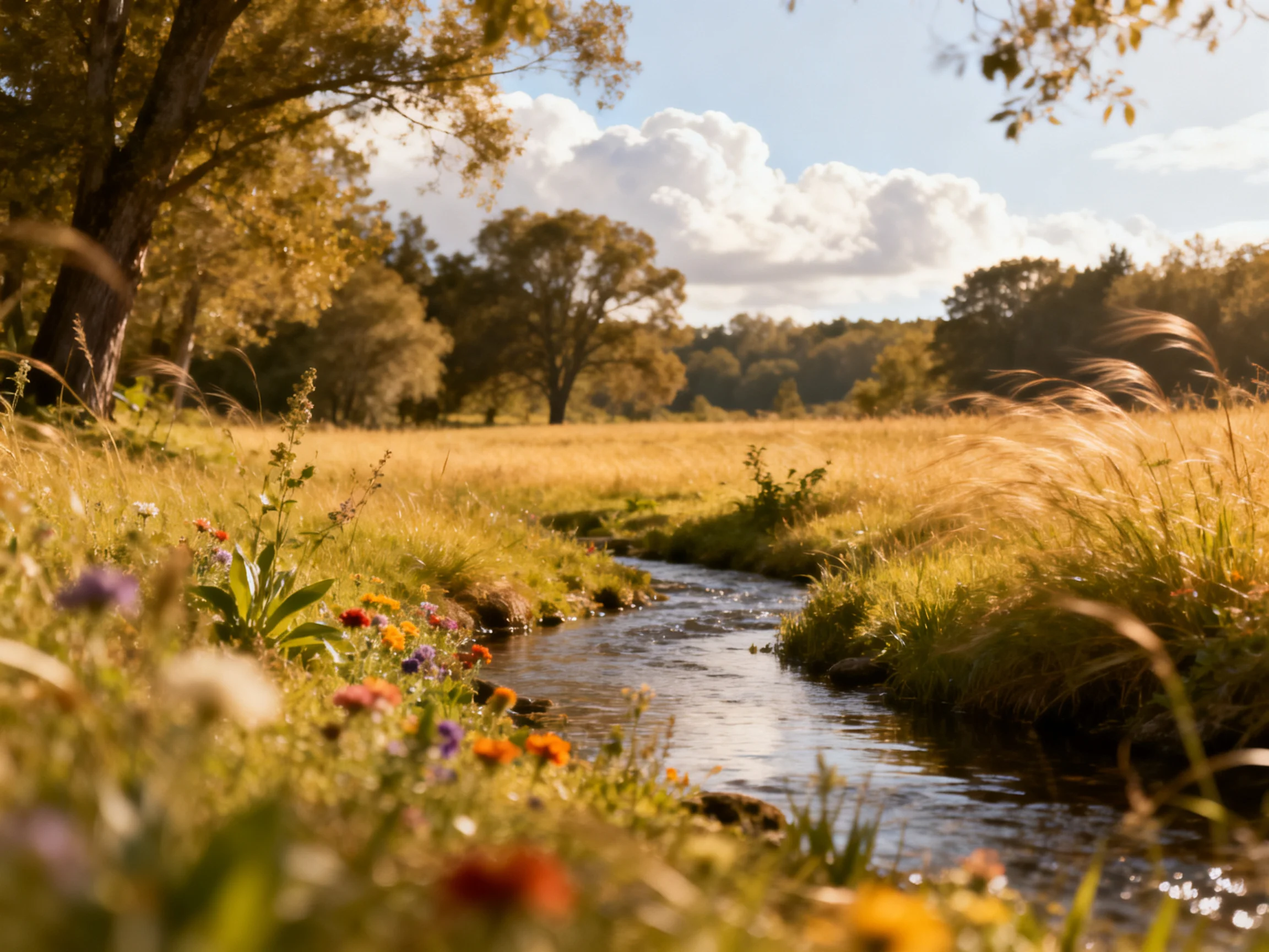 A sunlit meadow with a winding stream and colorful wildflowers