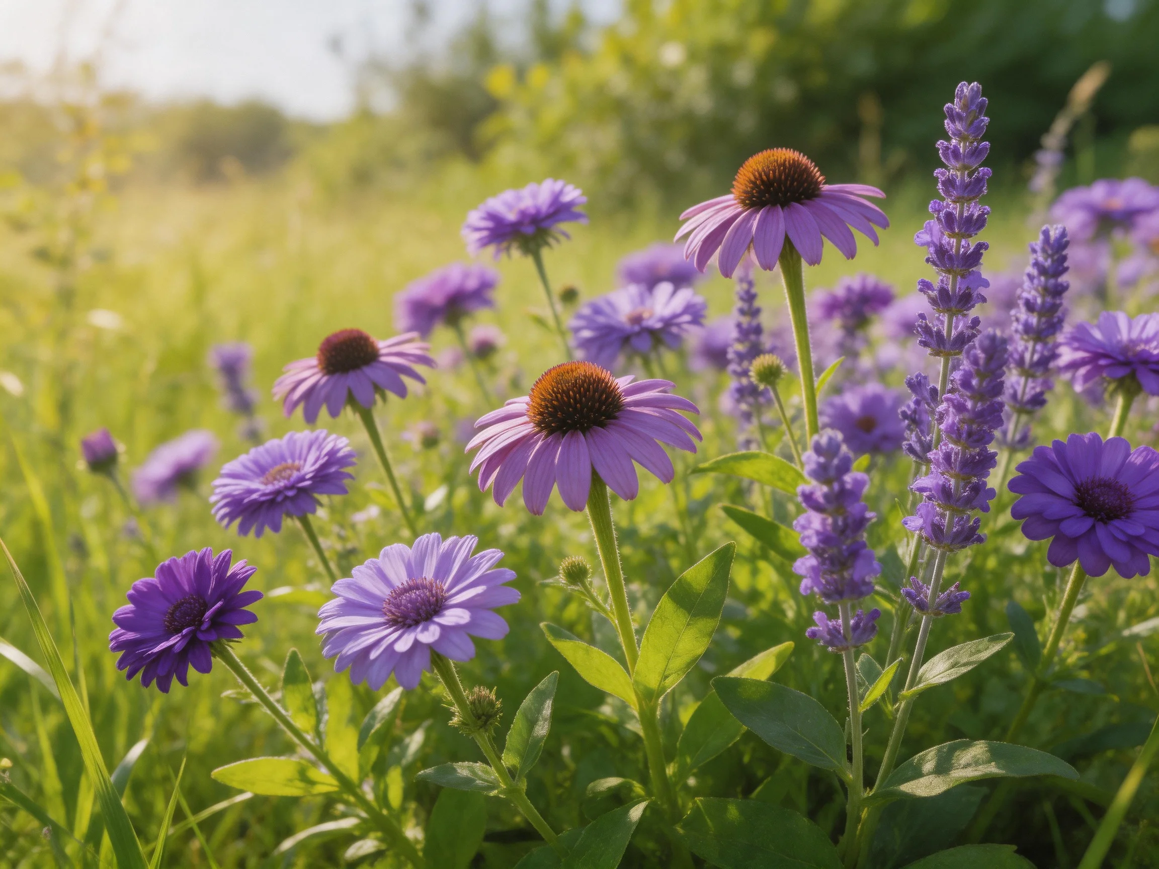 A sunlit meadow with assorted purple wildflowers and greenery