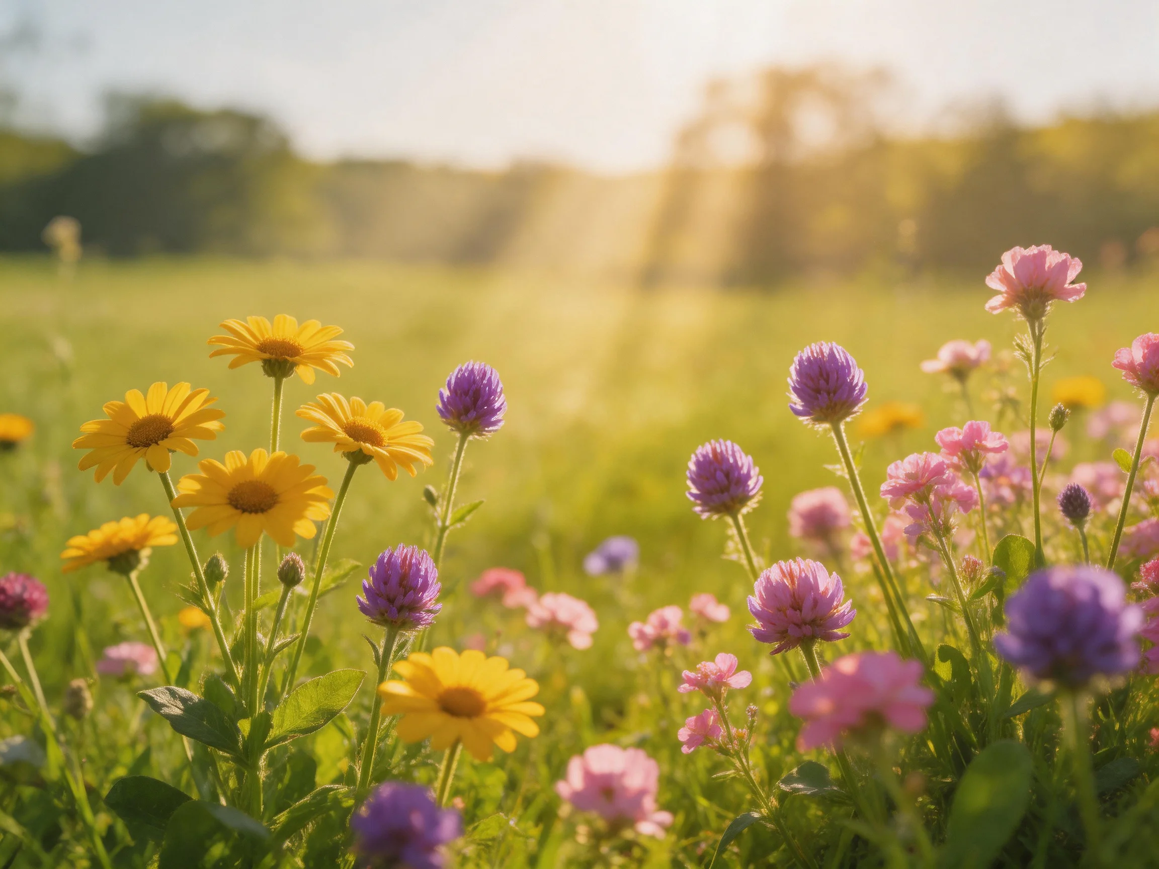 A sunlit meadow with colorful wildflowers in yellow, purple, pink hues