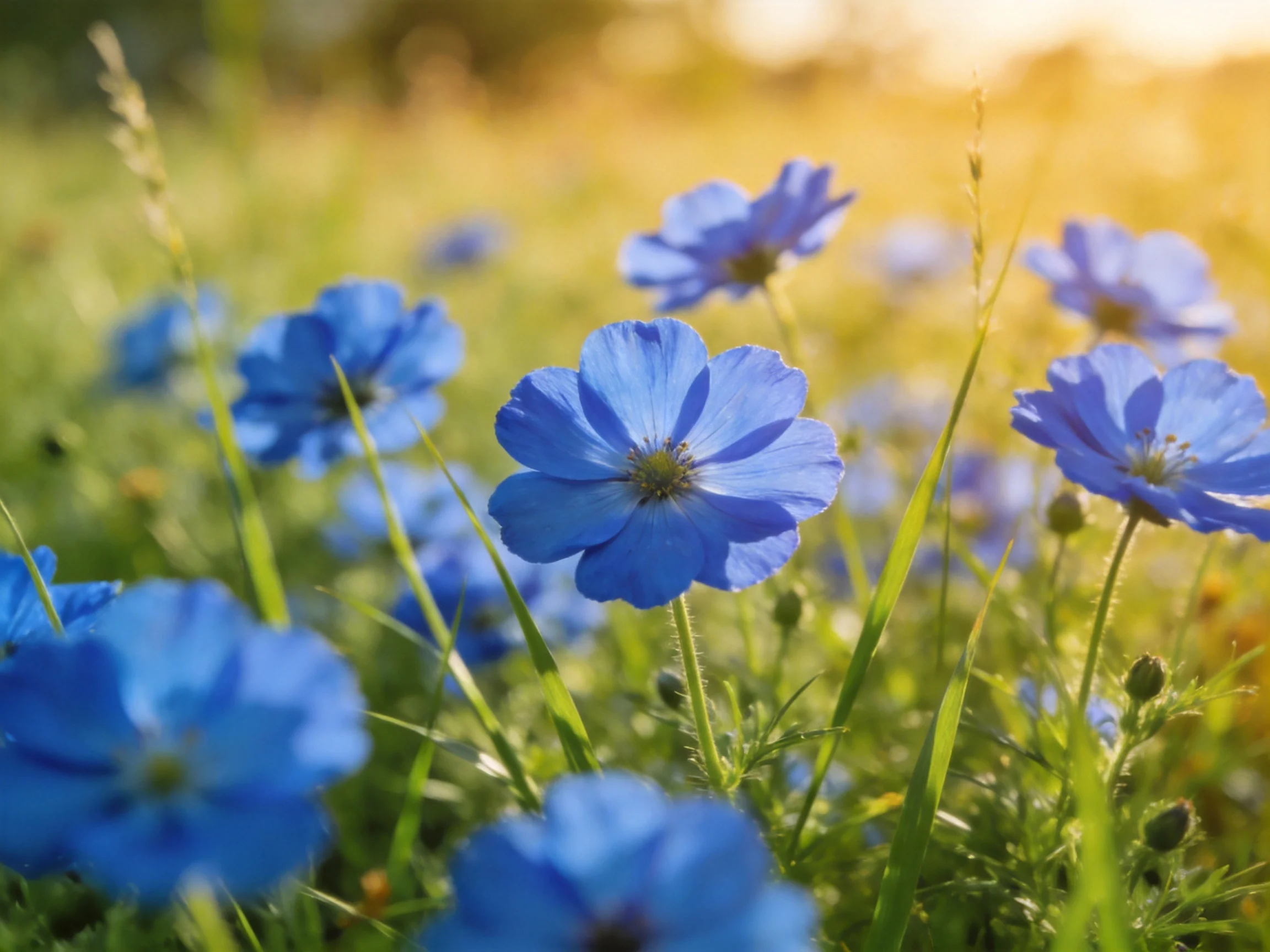 A sunlit meadow with numerous vibrant blue flowers and green foliage
