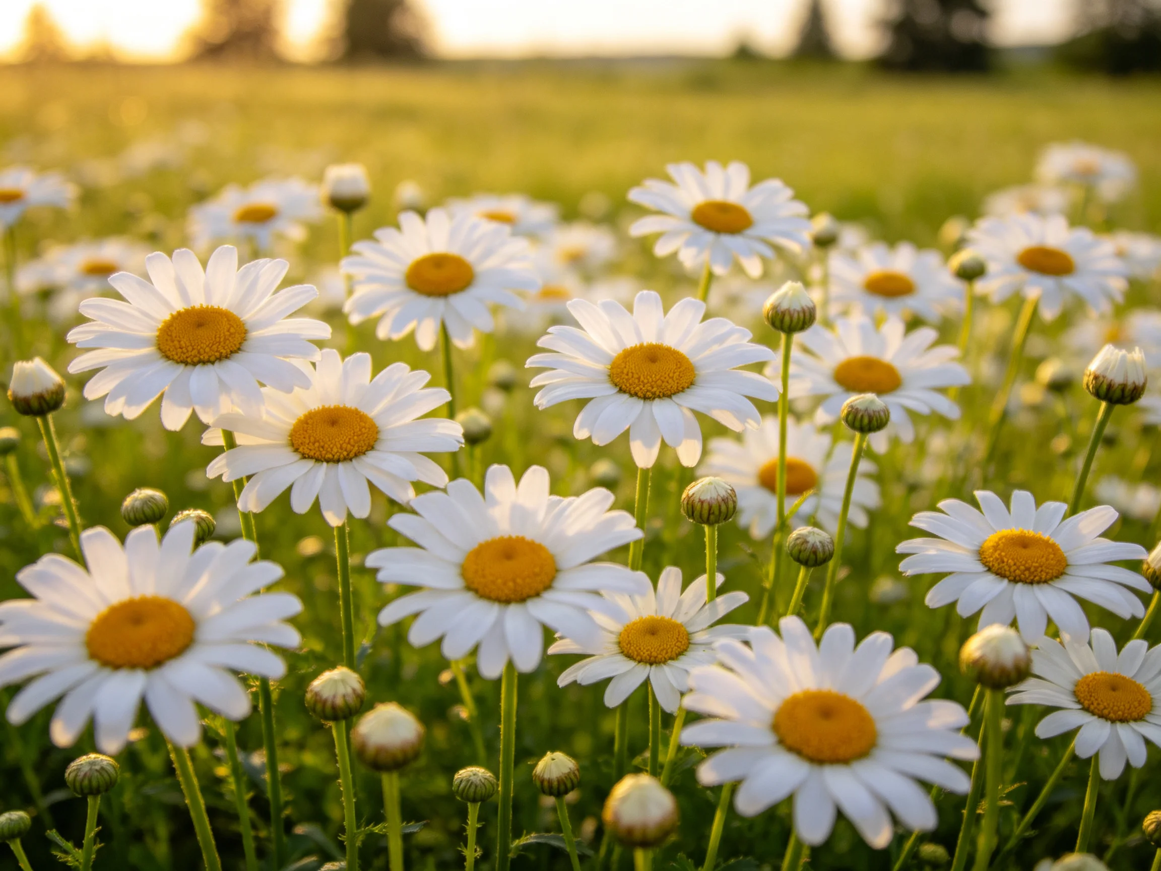 A sunlit meadow with numerous white daisies and yellow centers