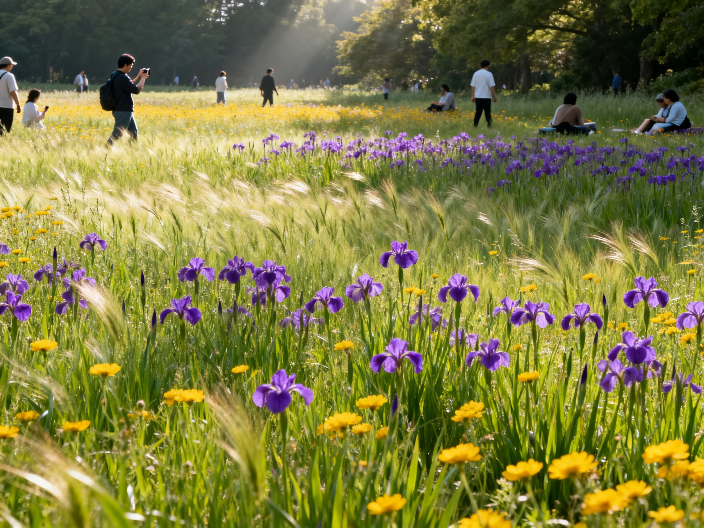 A sunlit meadow with purple irises, yellow flowers, and people