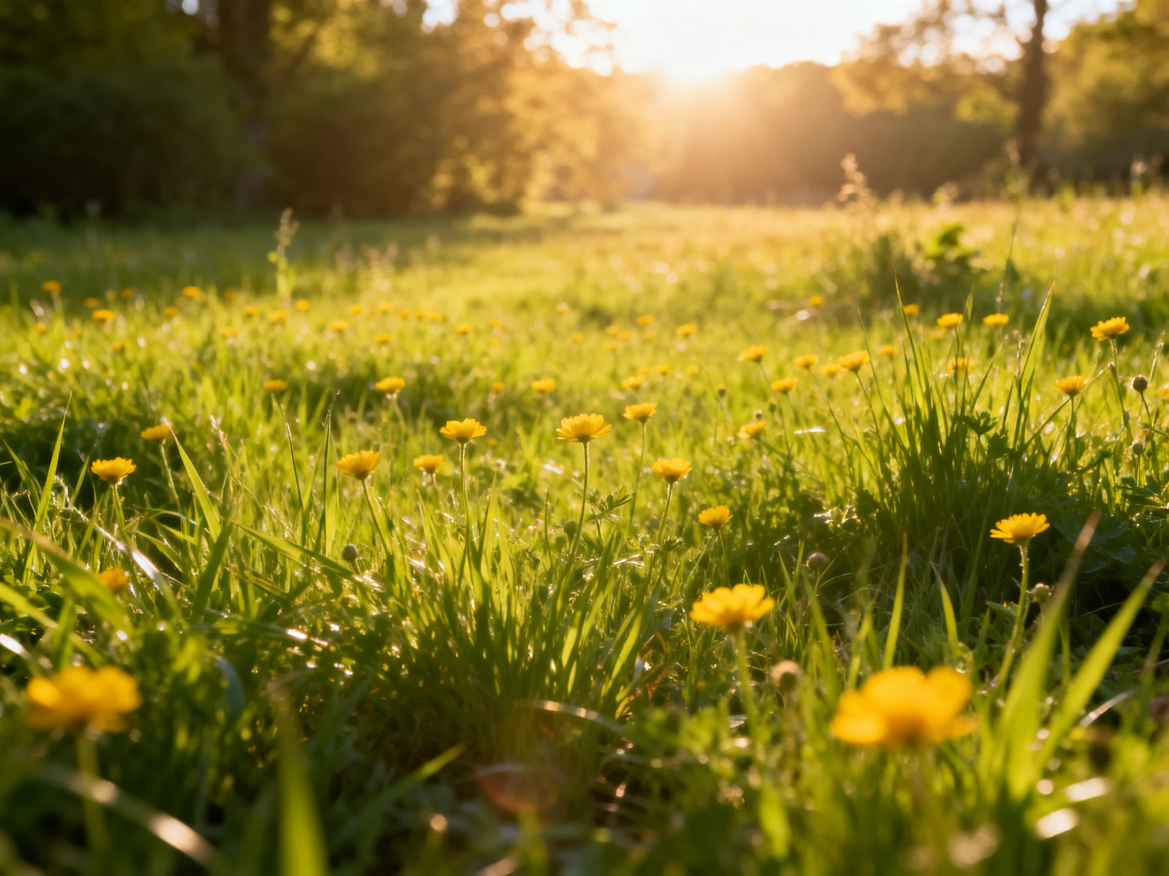 A sunlit meadow with scattered yellow wildflowers and lush green grass