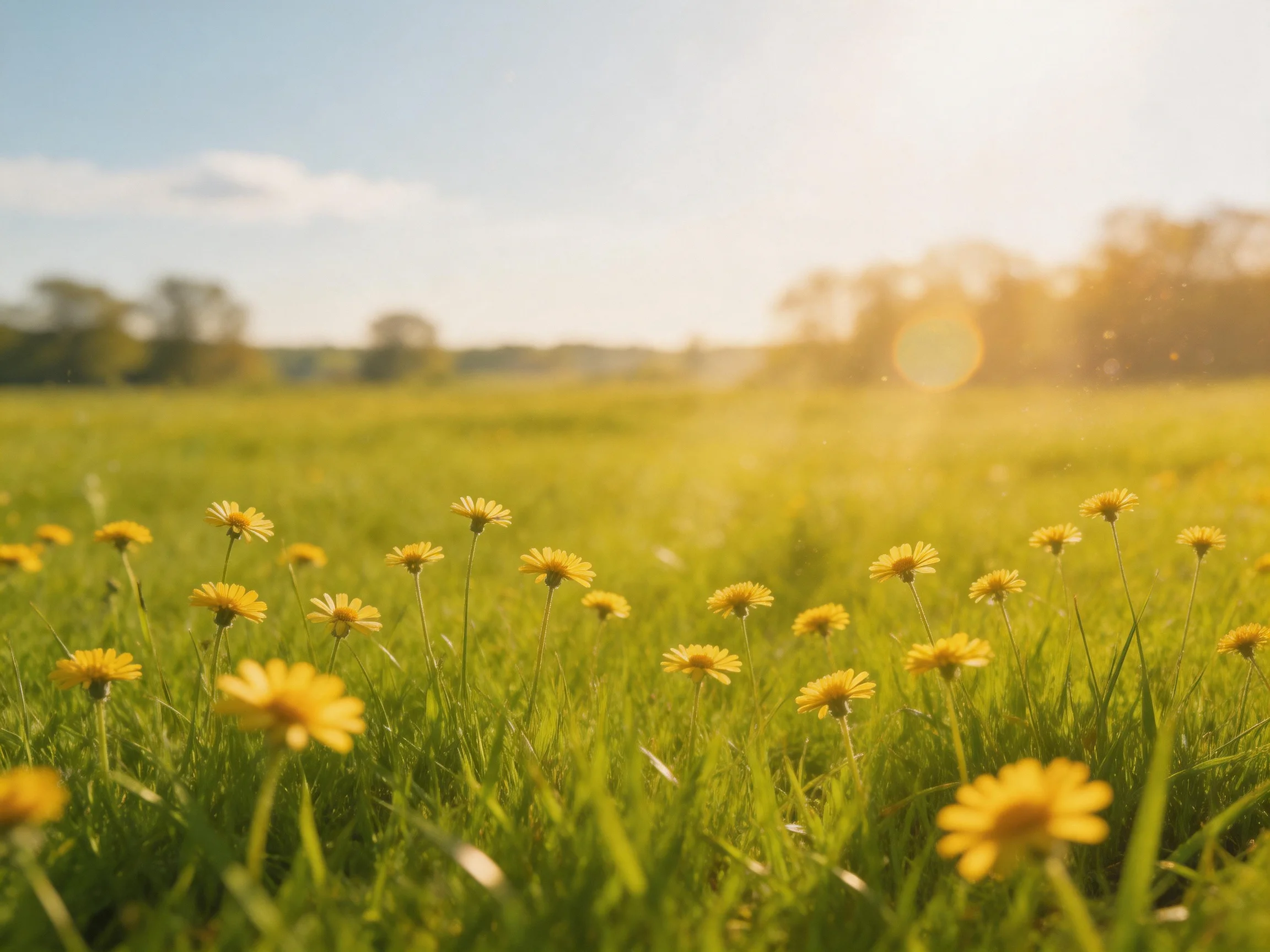 A sunlit meadow with scattered yellow wildflowers and tall green grass