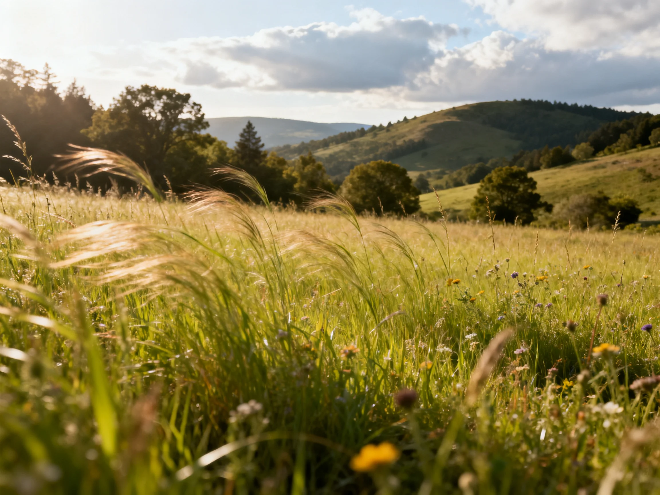 A sunlit meadow with tall grasses and rolling green hills