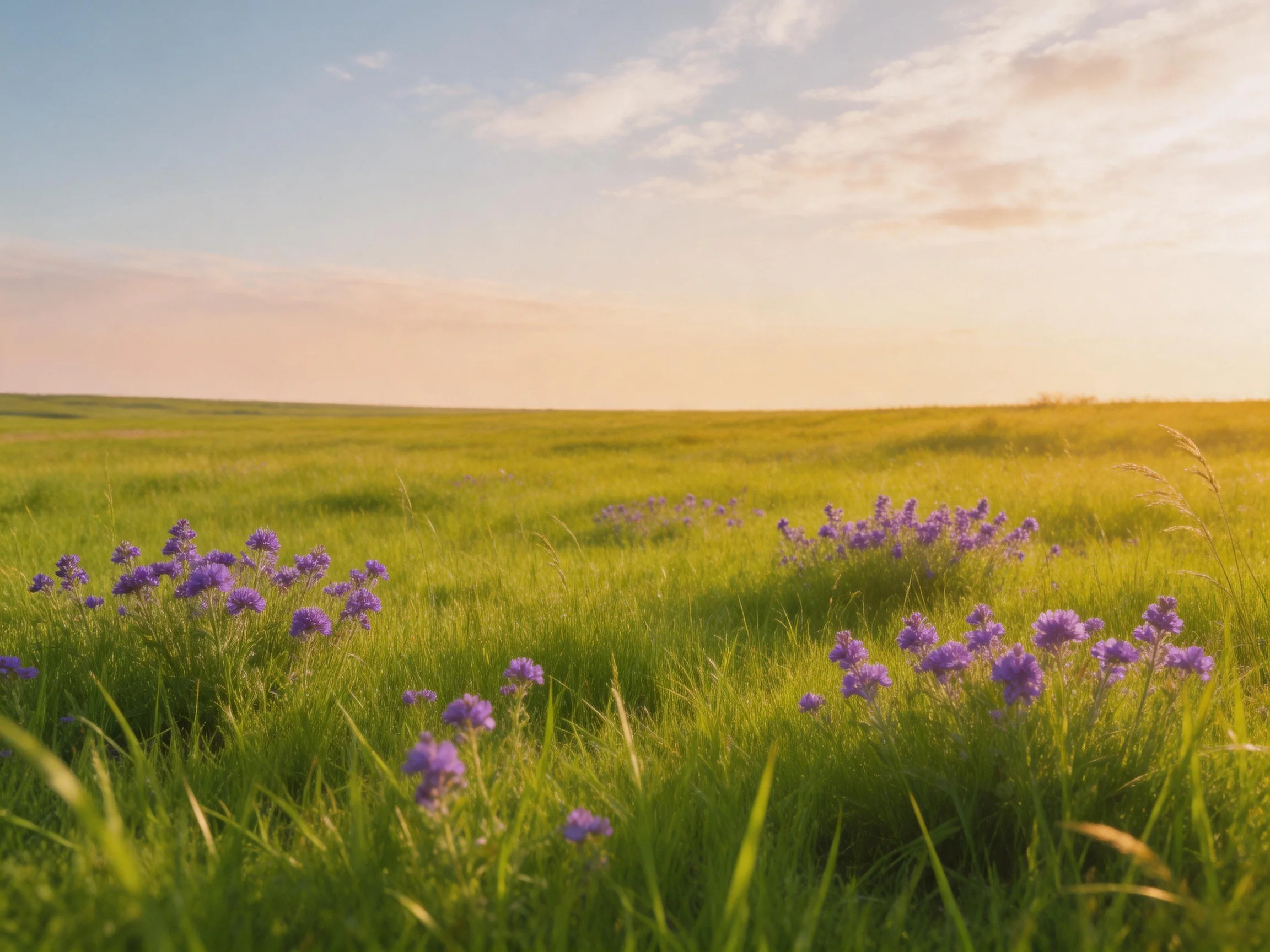 A sunlit meadow with vibrant purple wildflowers and golden grass