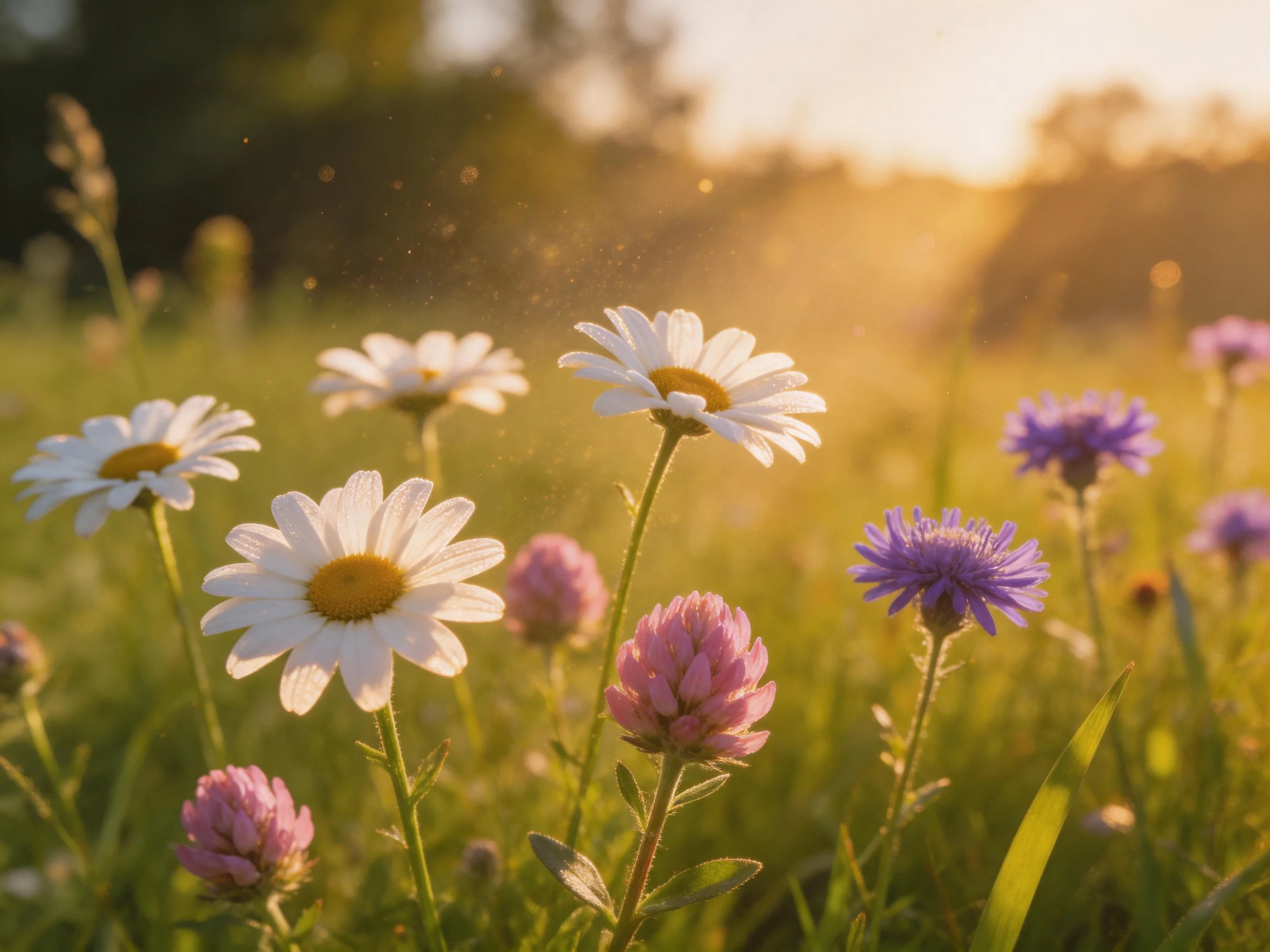 A sunlit meadow with white daisies, purple blooms, and pink buds