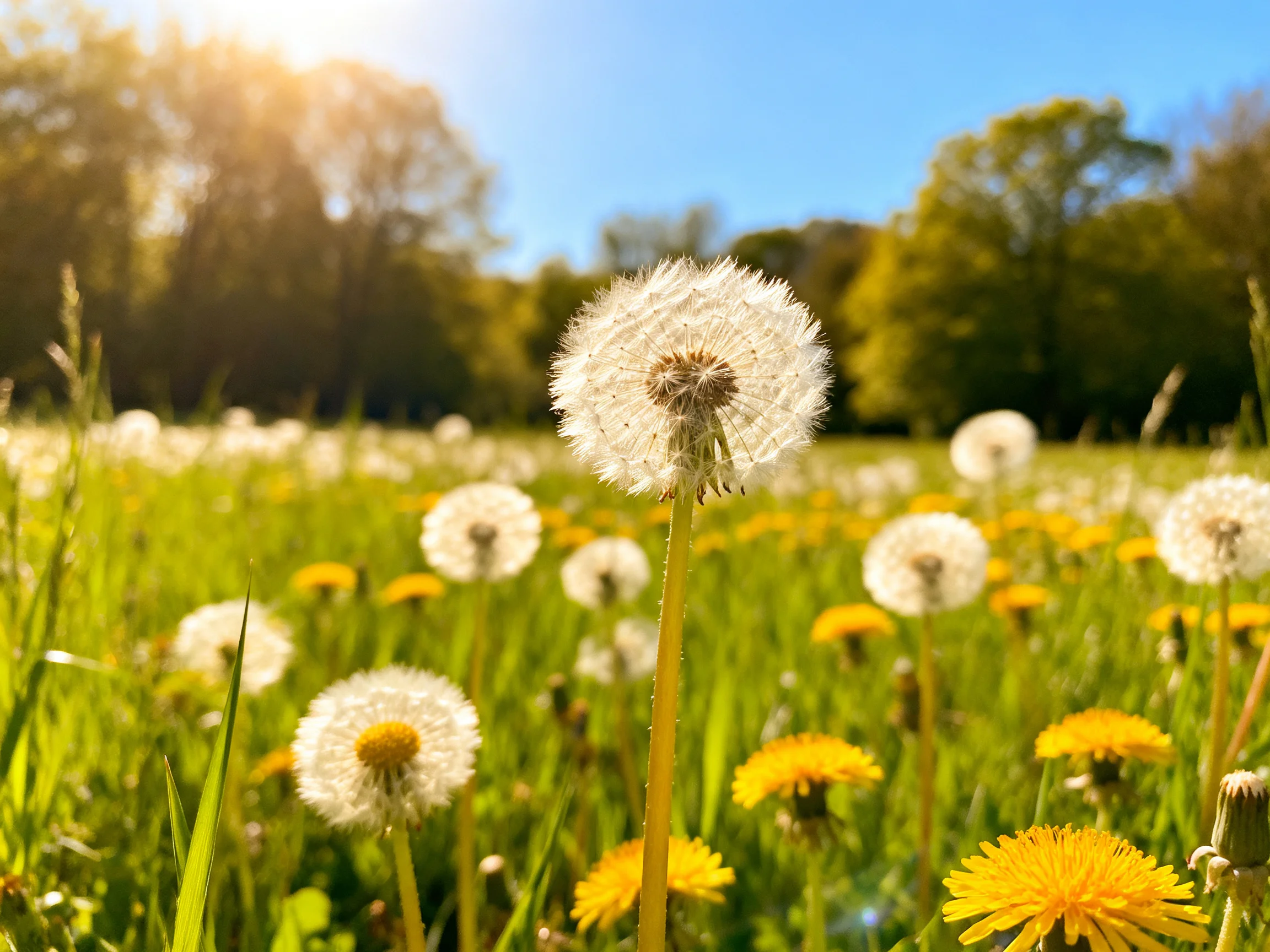 A sunlit meadow with white dandelion seed heads and yellow blooms