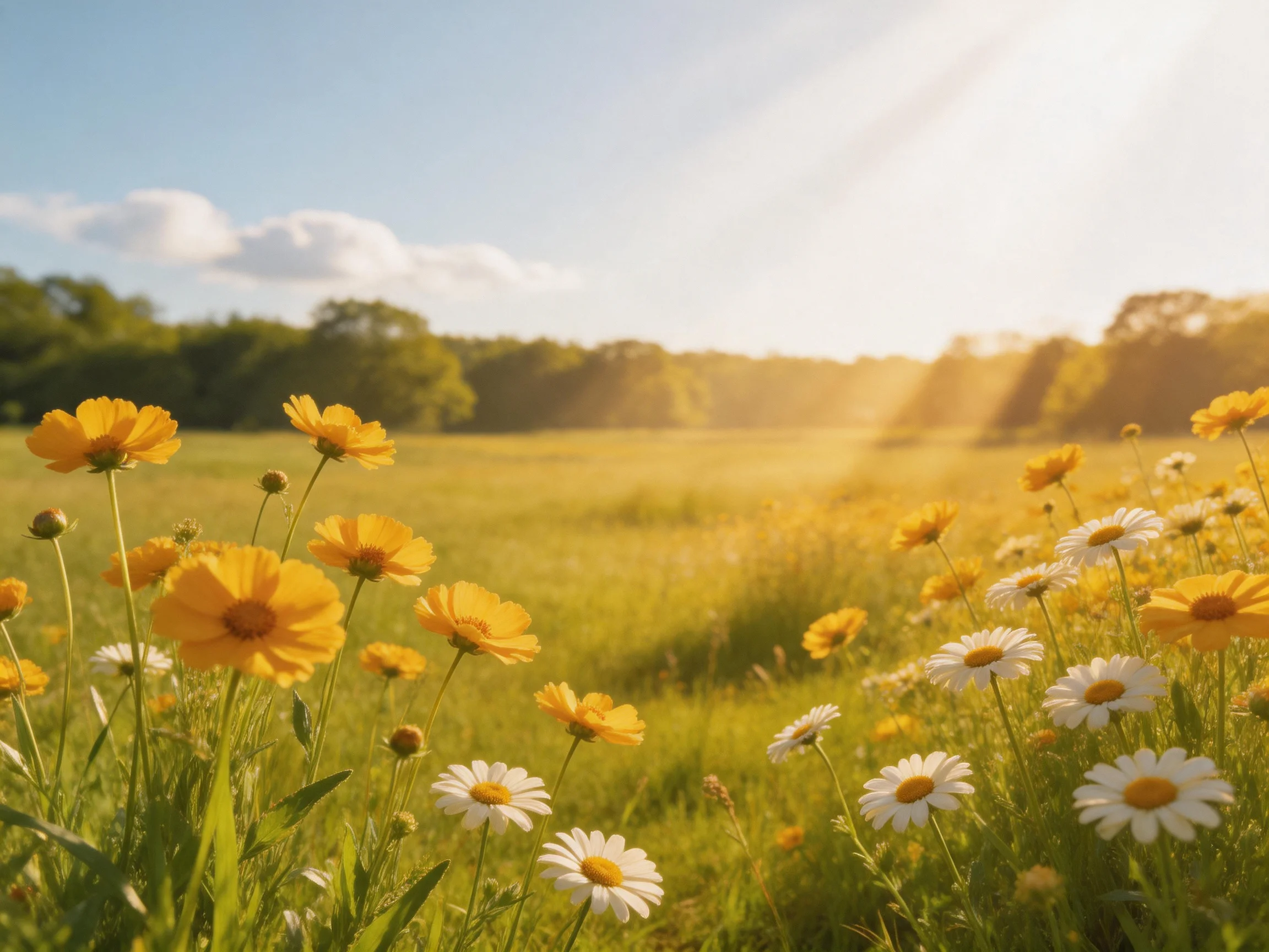 A sunlit meadow with yellow cosmos and white daisies under clear blue sky