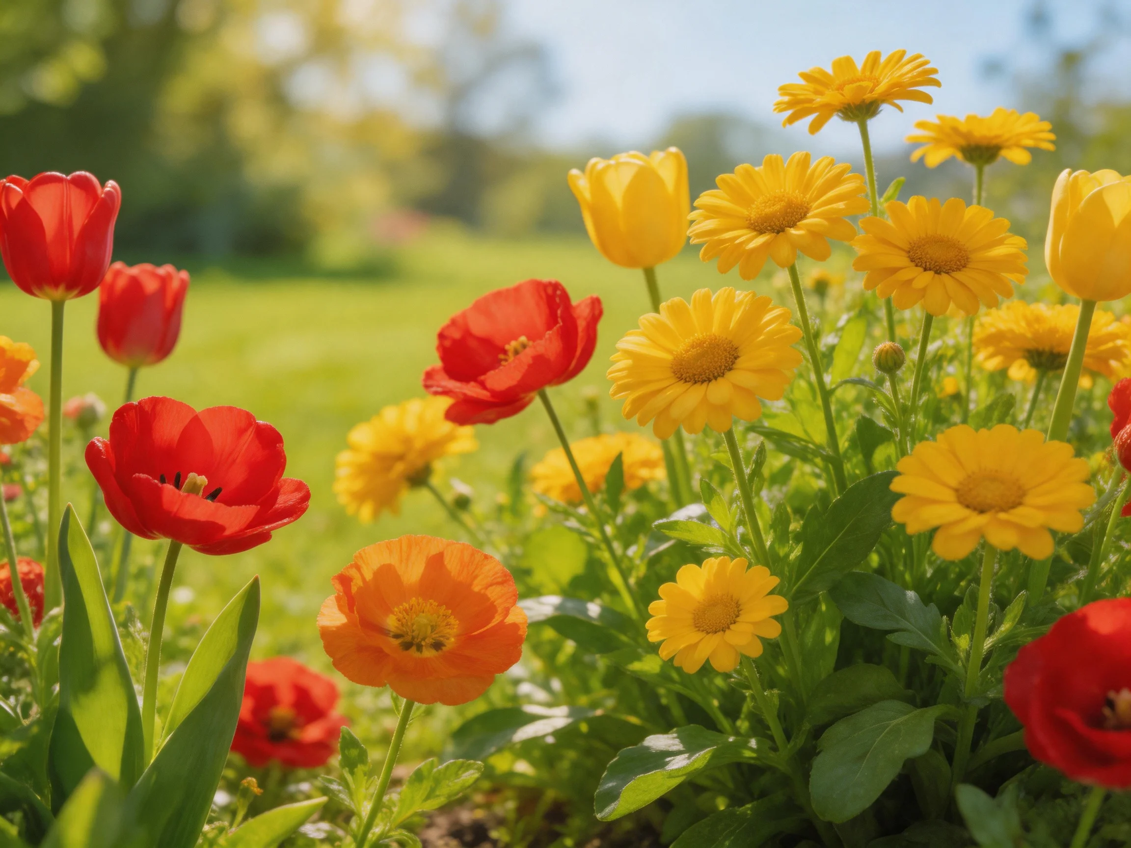A sunny garden with red tulips, yellow daisies, and orange poppies