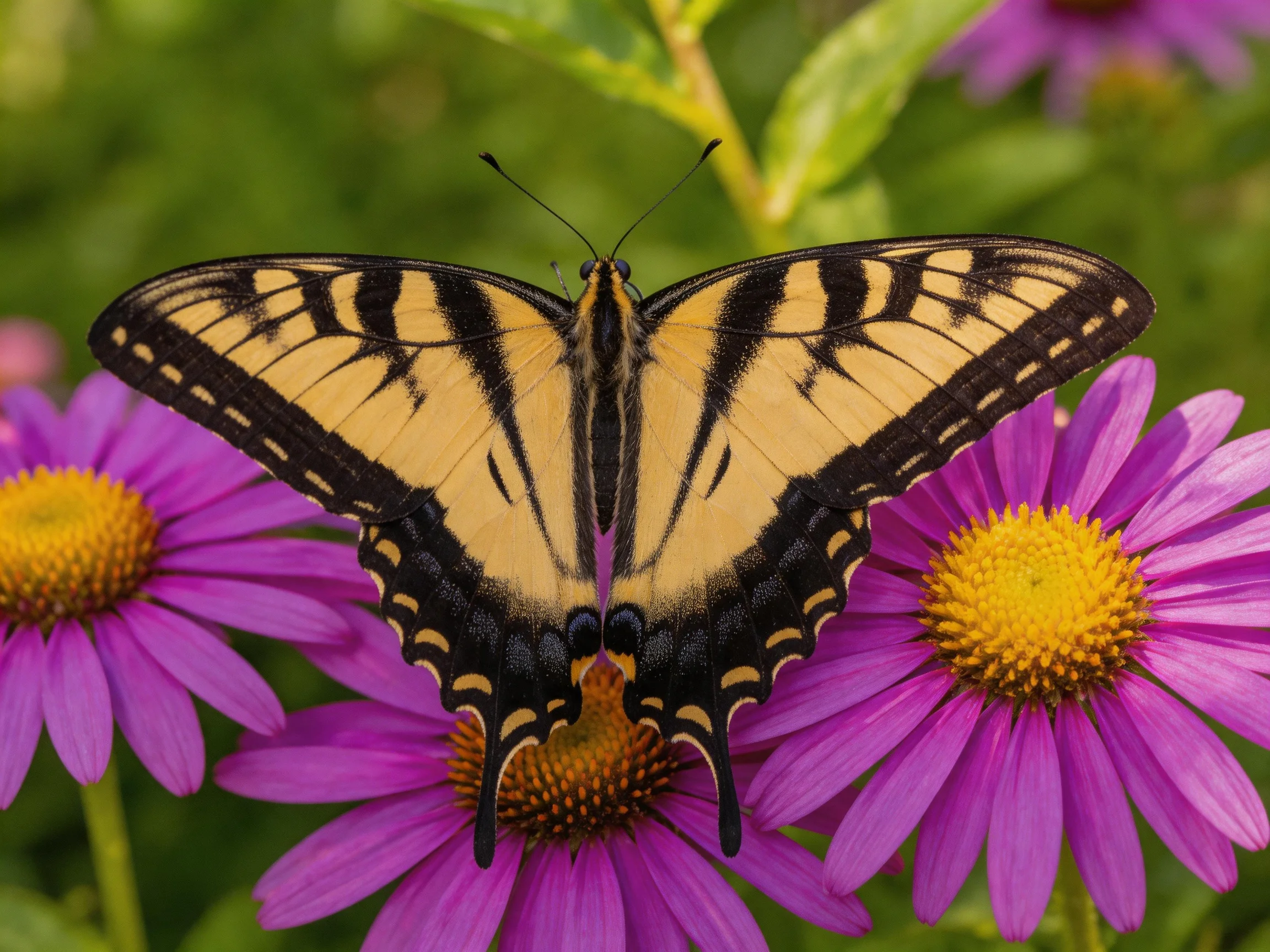 A swallowtail butterfly rests on vibrant purple coneflowers