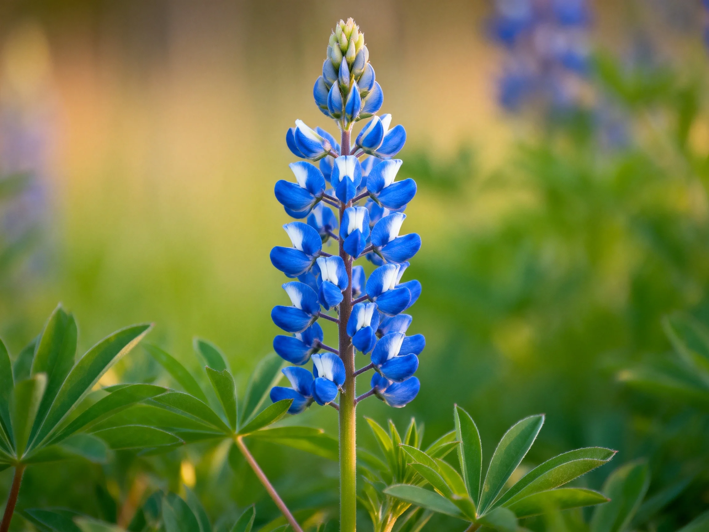 A tall blue lupine flower stands out among lush greenery