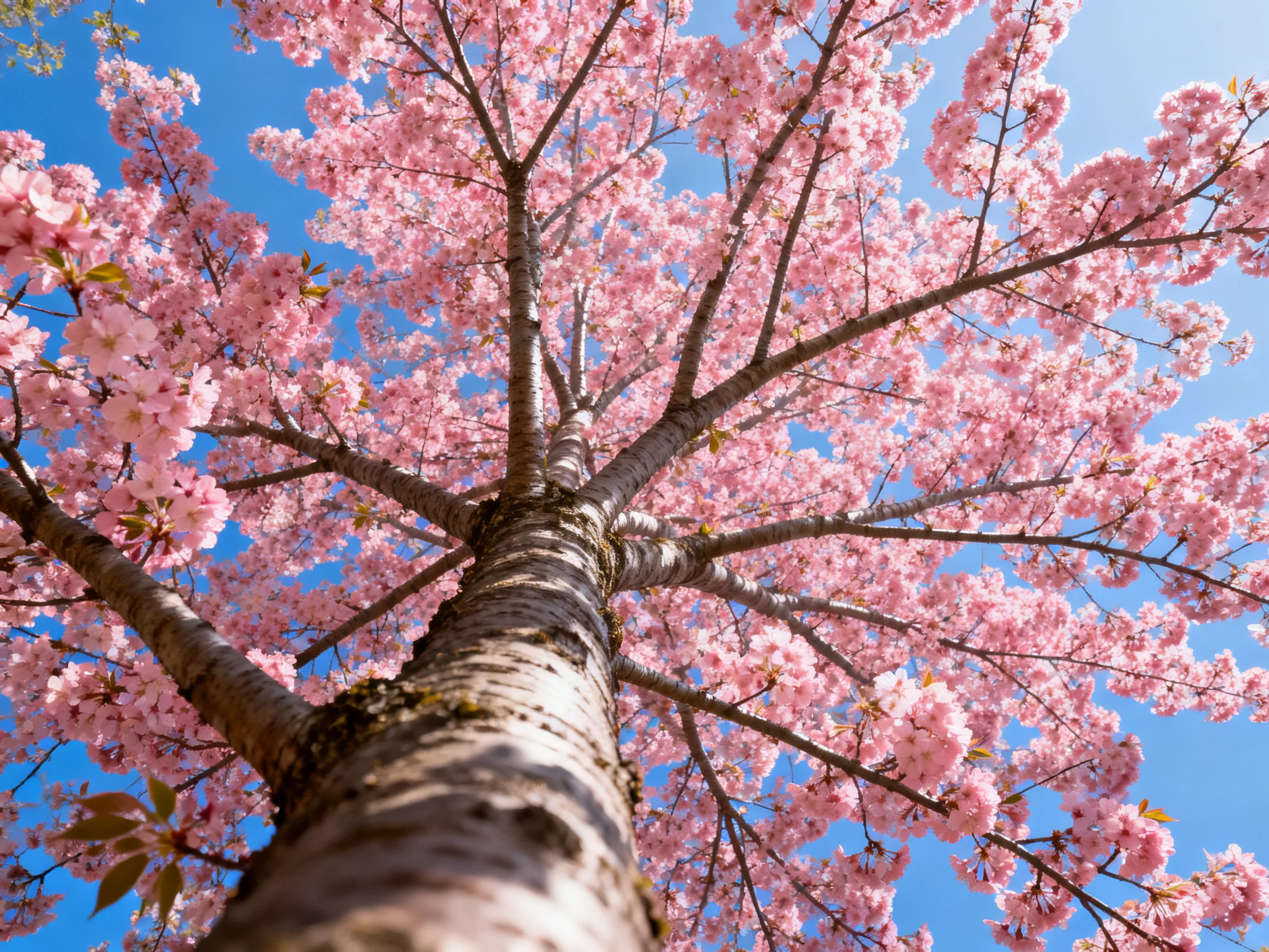 A tall cherry blossom tree with vibrant pink blooms against a bright blue sky
