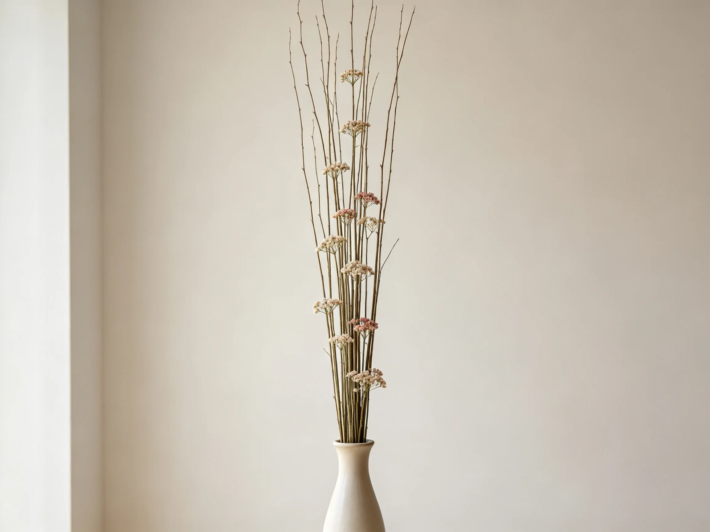 A tall cream vase holds slender branches with muted blooms