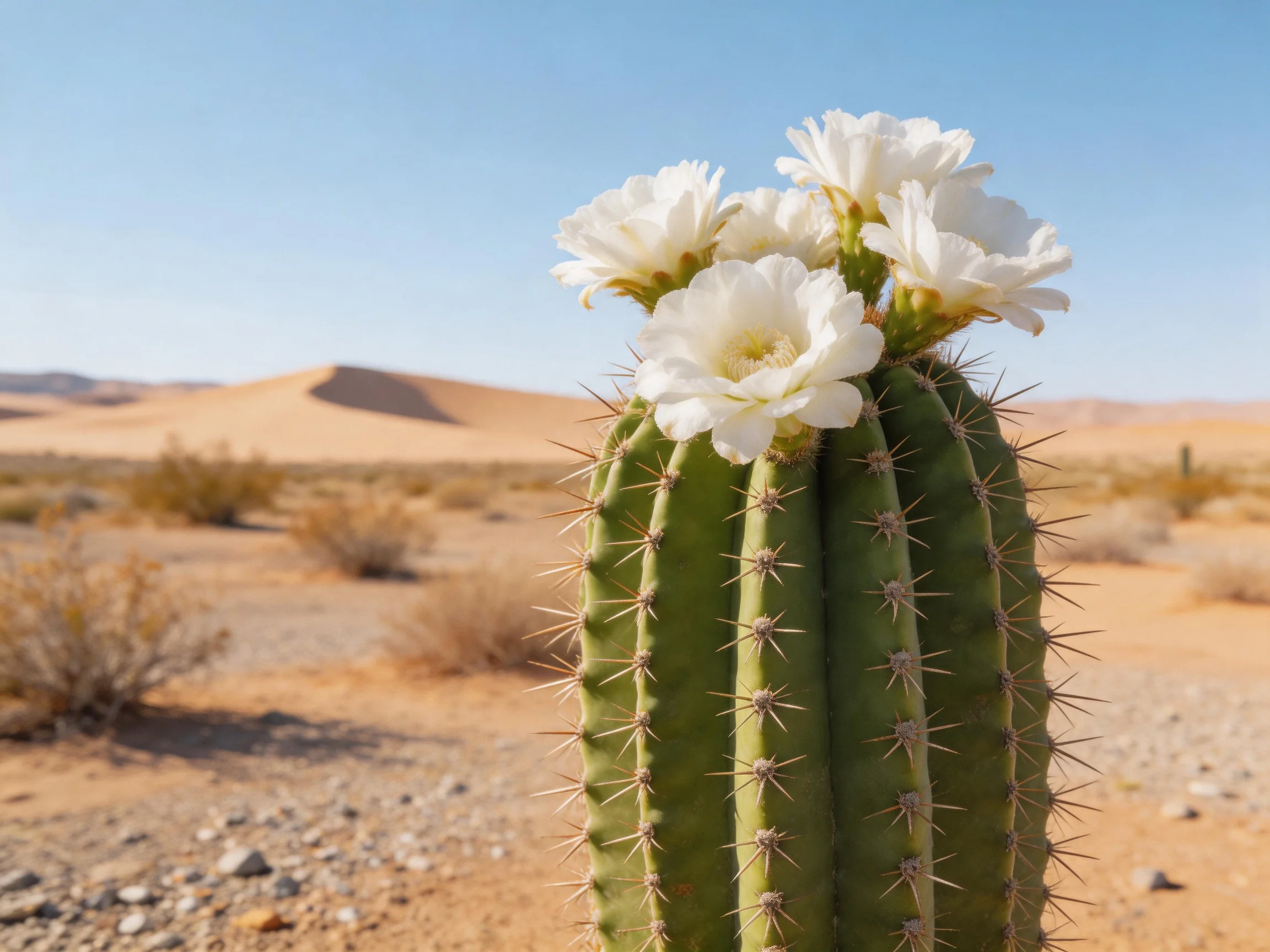 A tall green cactus blooms with white flowers in an arid desert
