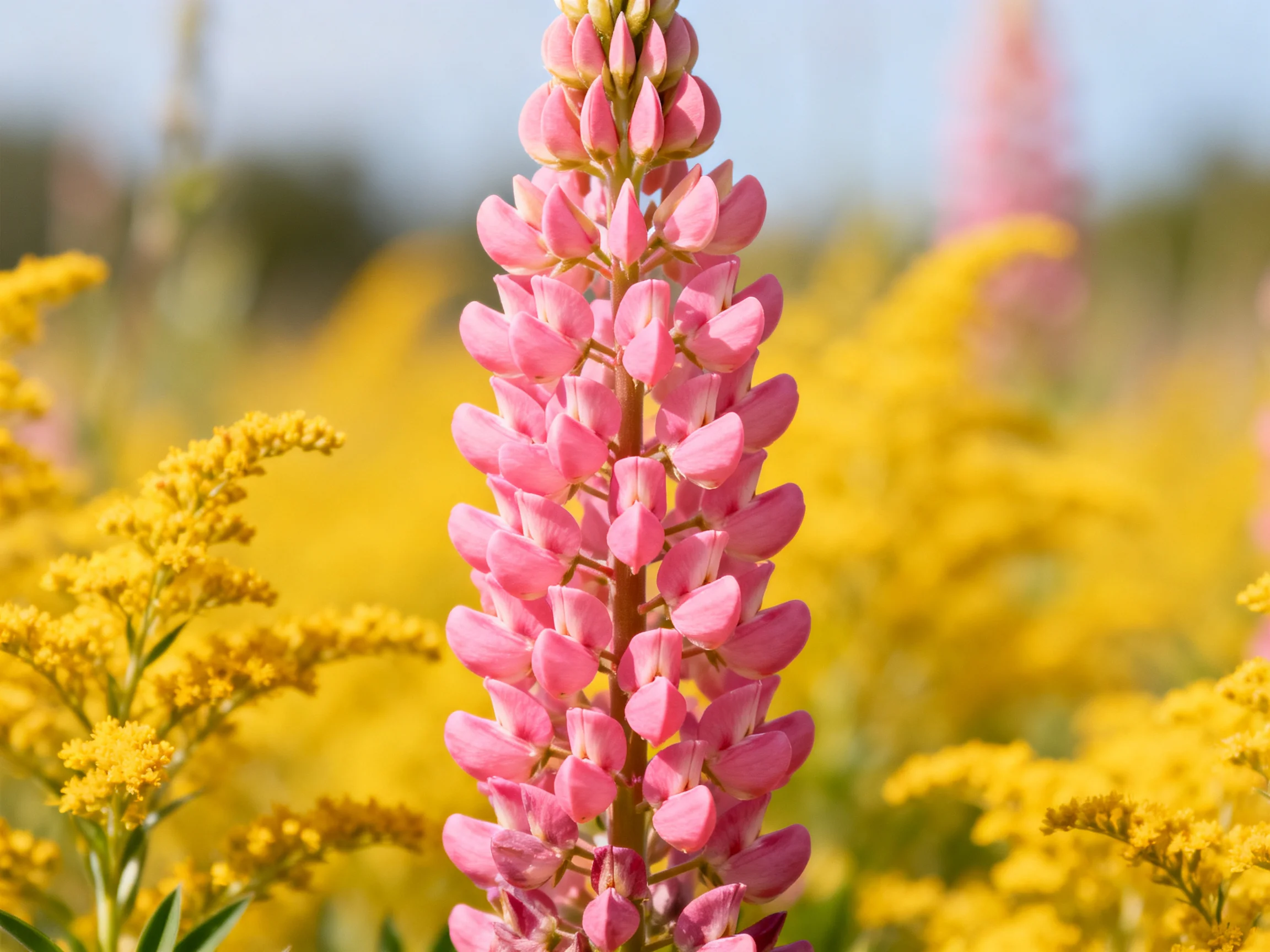 A tall pink lupine stands among vibrant yellow wildflowers
