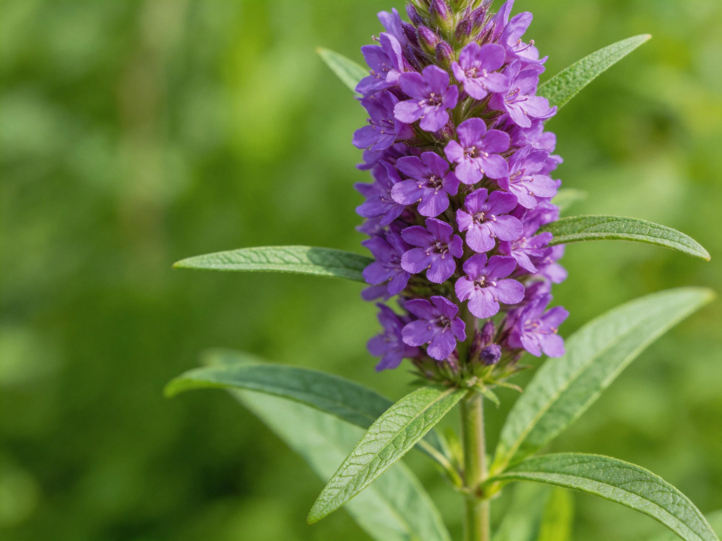 A tall plant with a dense purple flower spike and green leaves