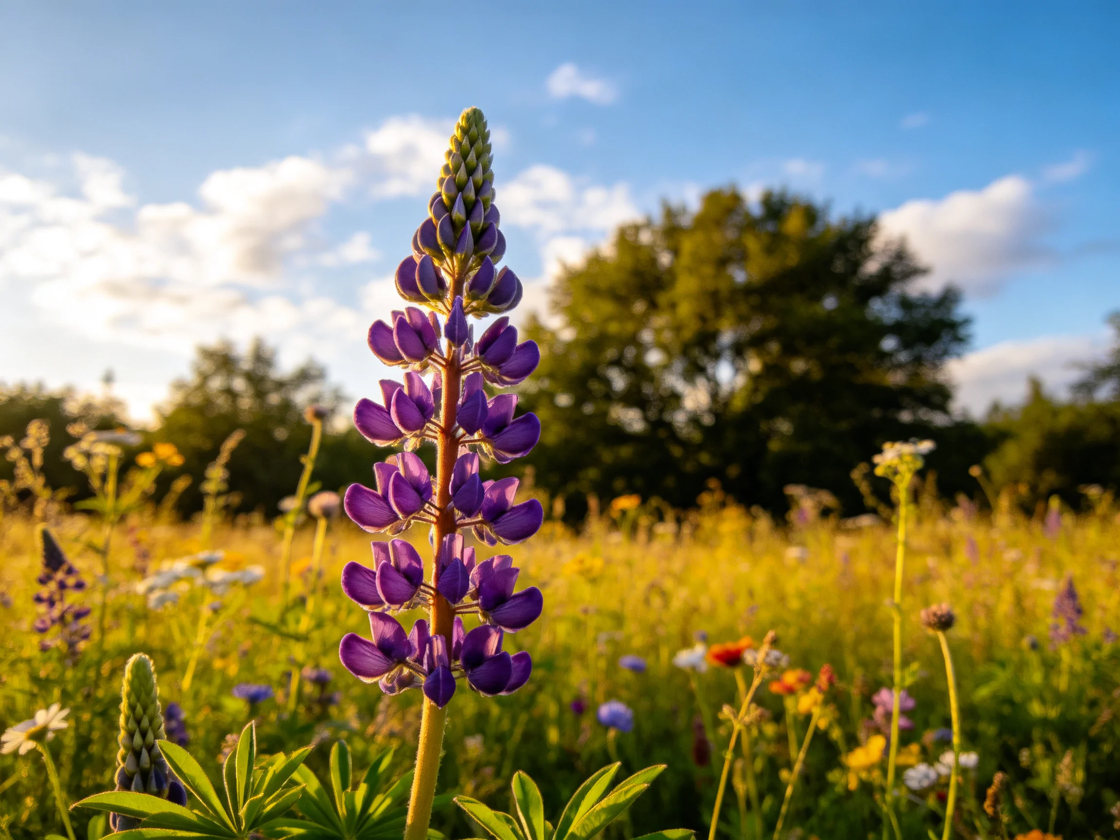 A tall purple lupine stands among colorful wildflowers under a bright sky