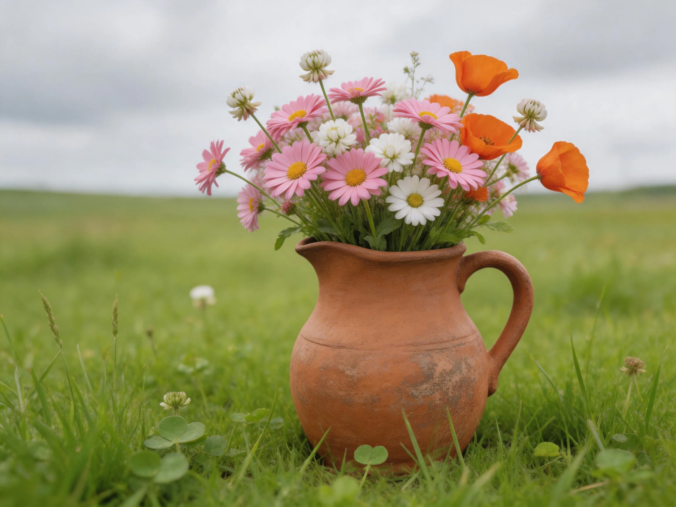 A terracotta pitcher holds pink, white, and orange wildflowers in a green meadow