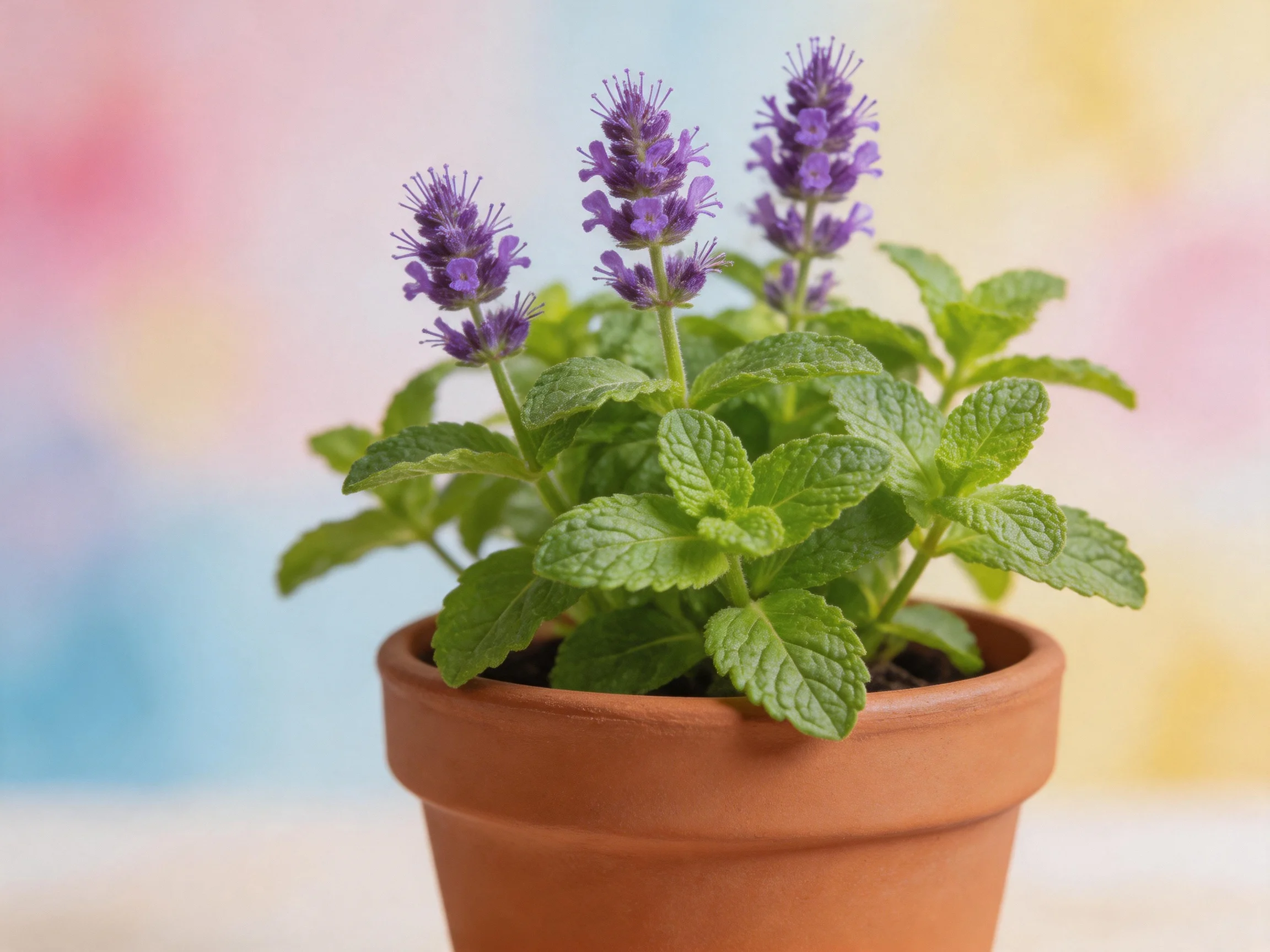 A terracotta pot holds a plant with vibrant purple flowers and lush green leaves