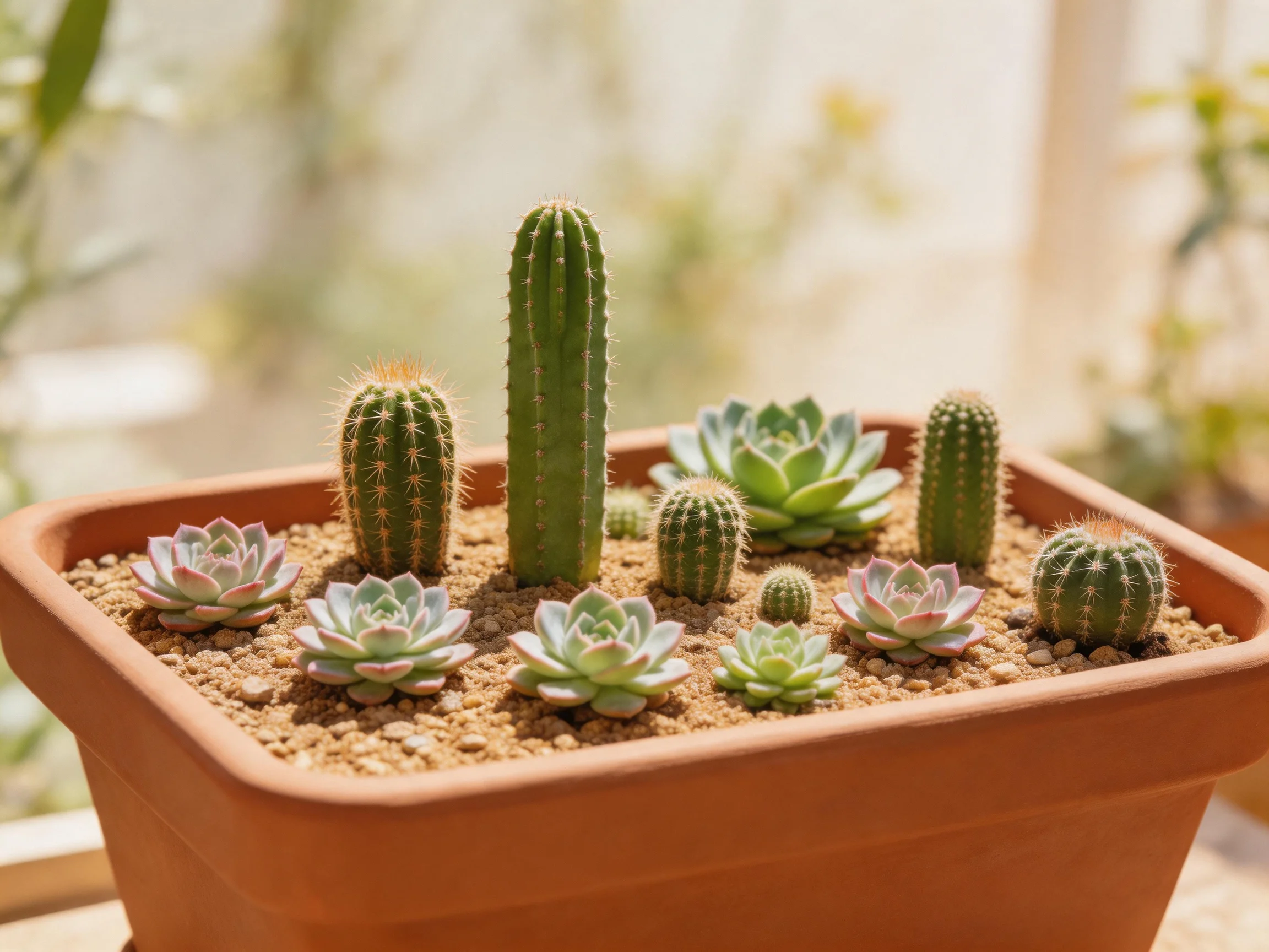 A terracotta pot holds various green cacti and succulents with gravel