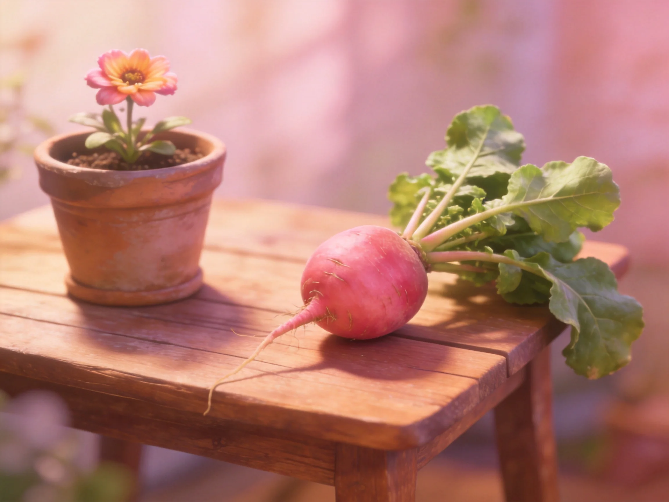 A terracotta pot with a pink flower rests beside a fresh radish on a wooden table