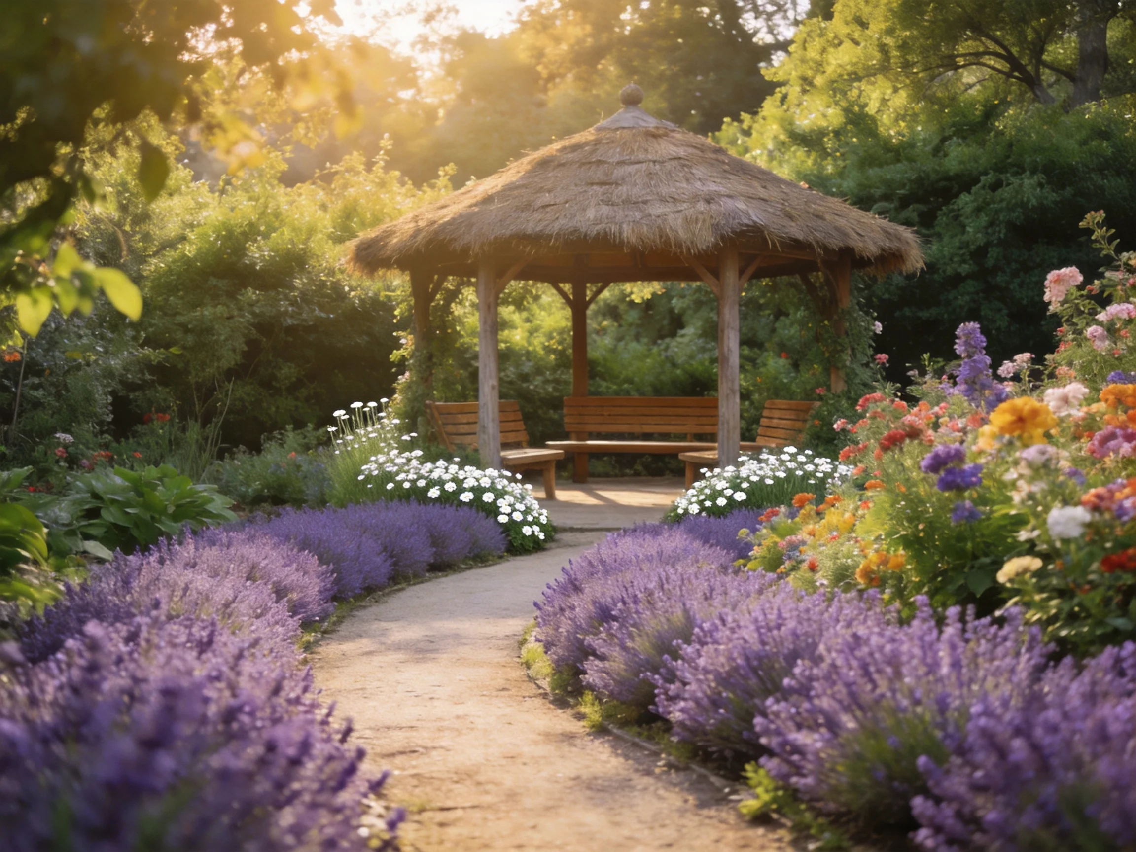 A thatched gazebo amidst lavender and colorful flower beds