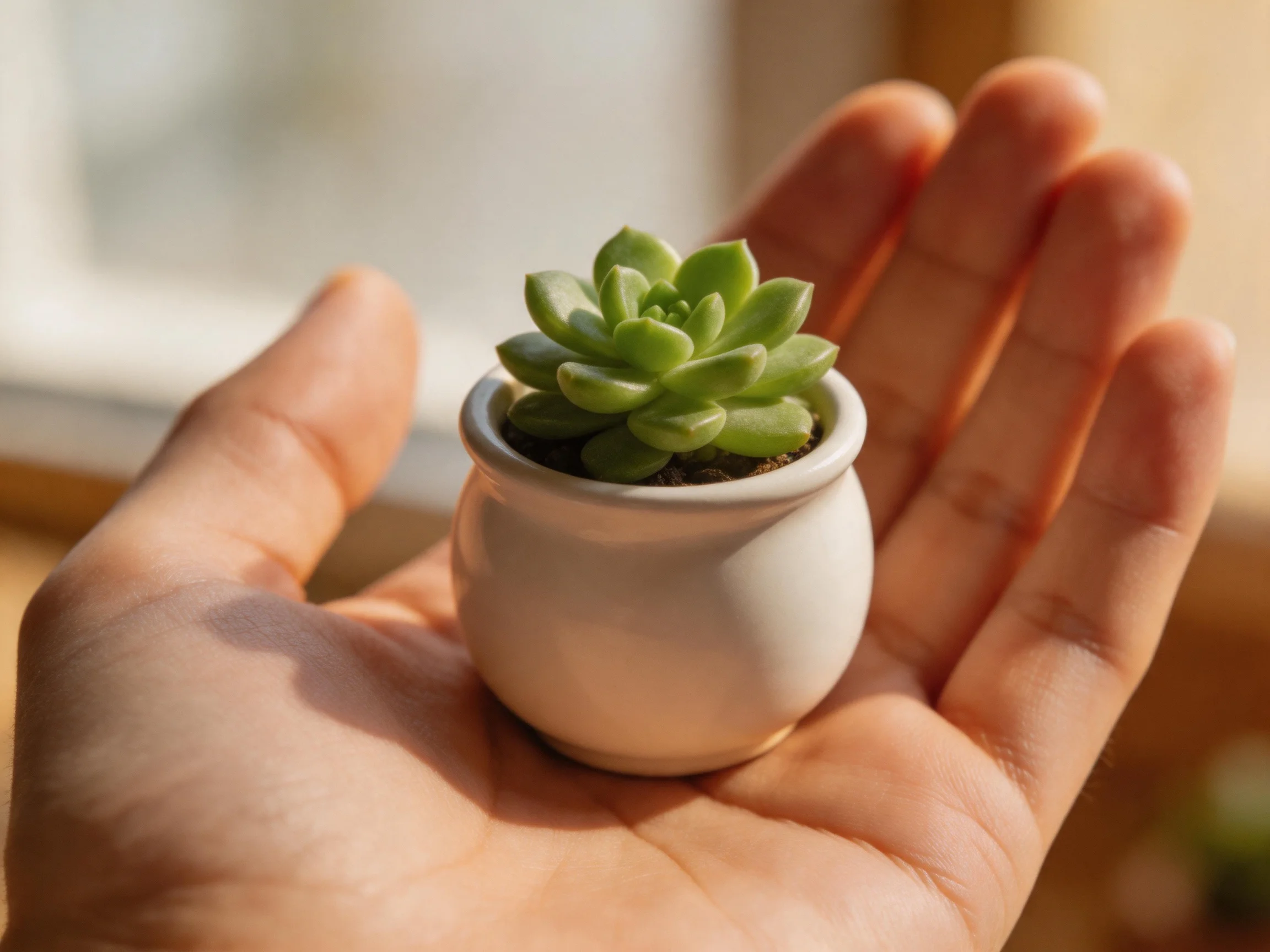 A tiny green succulent in a small white ceramic pot held in an open hand