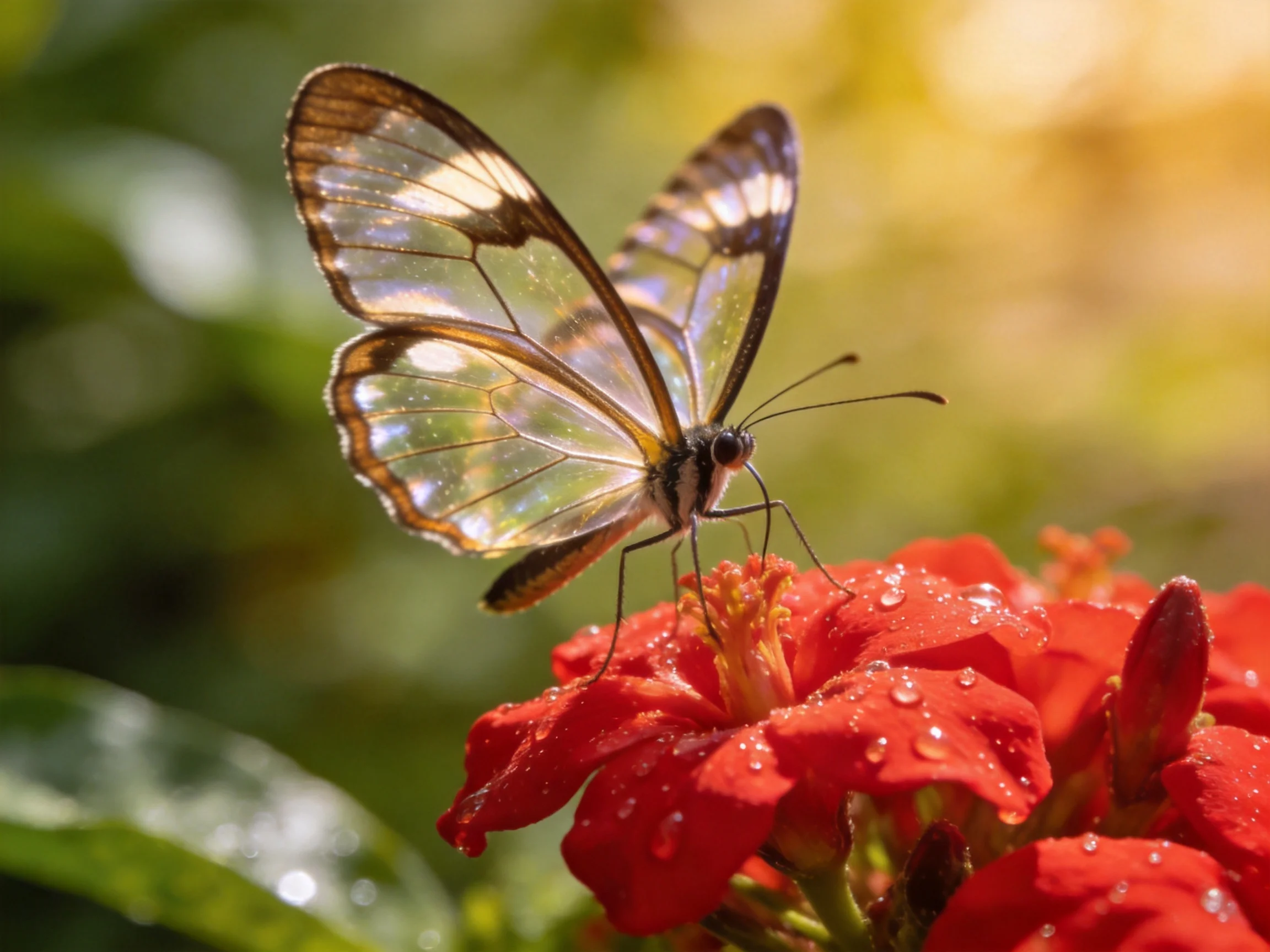 A transparent-winged butterfly perches on vibrant red flowers with dewdrops