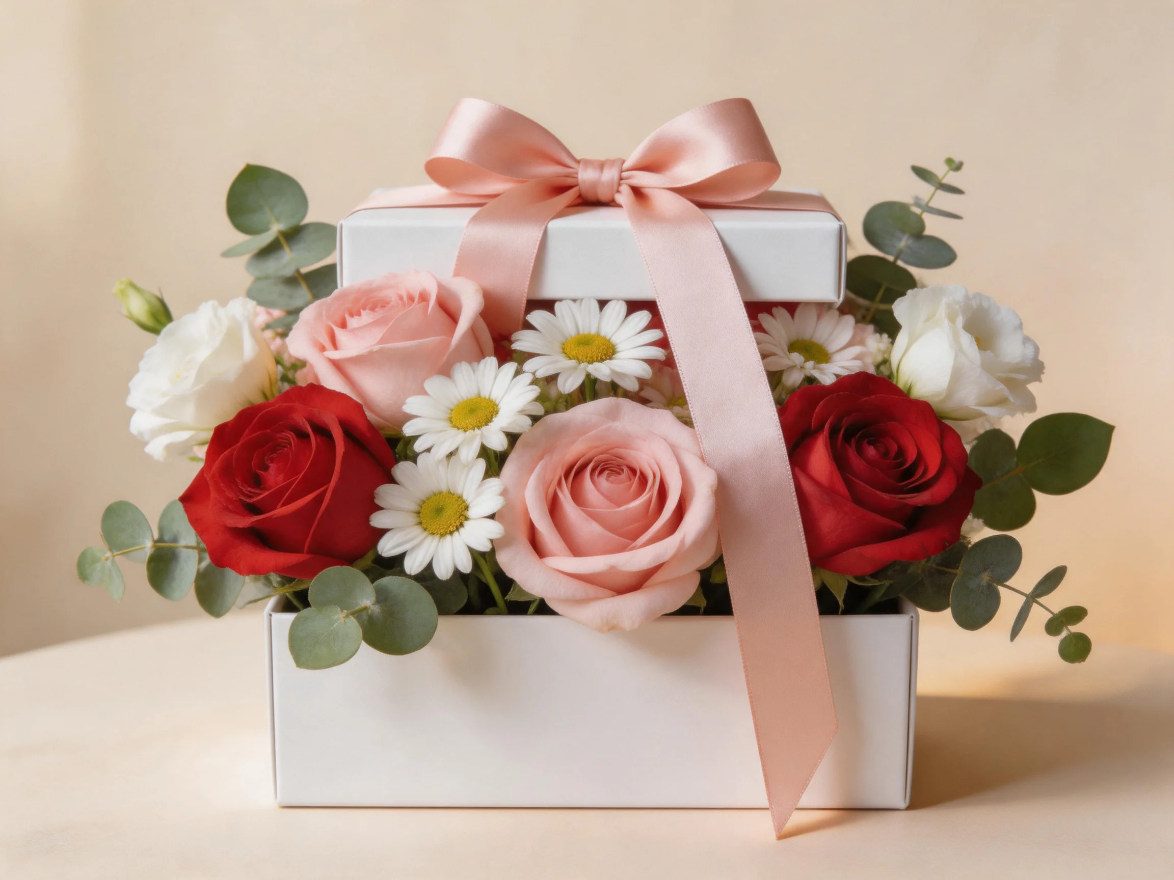 A two-box floral arrangement with red, pink roses, daisies, and a pink ribbon