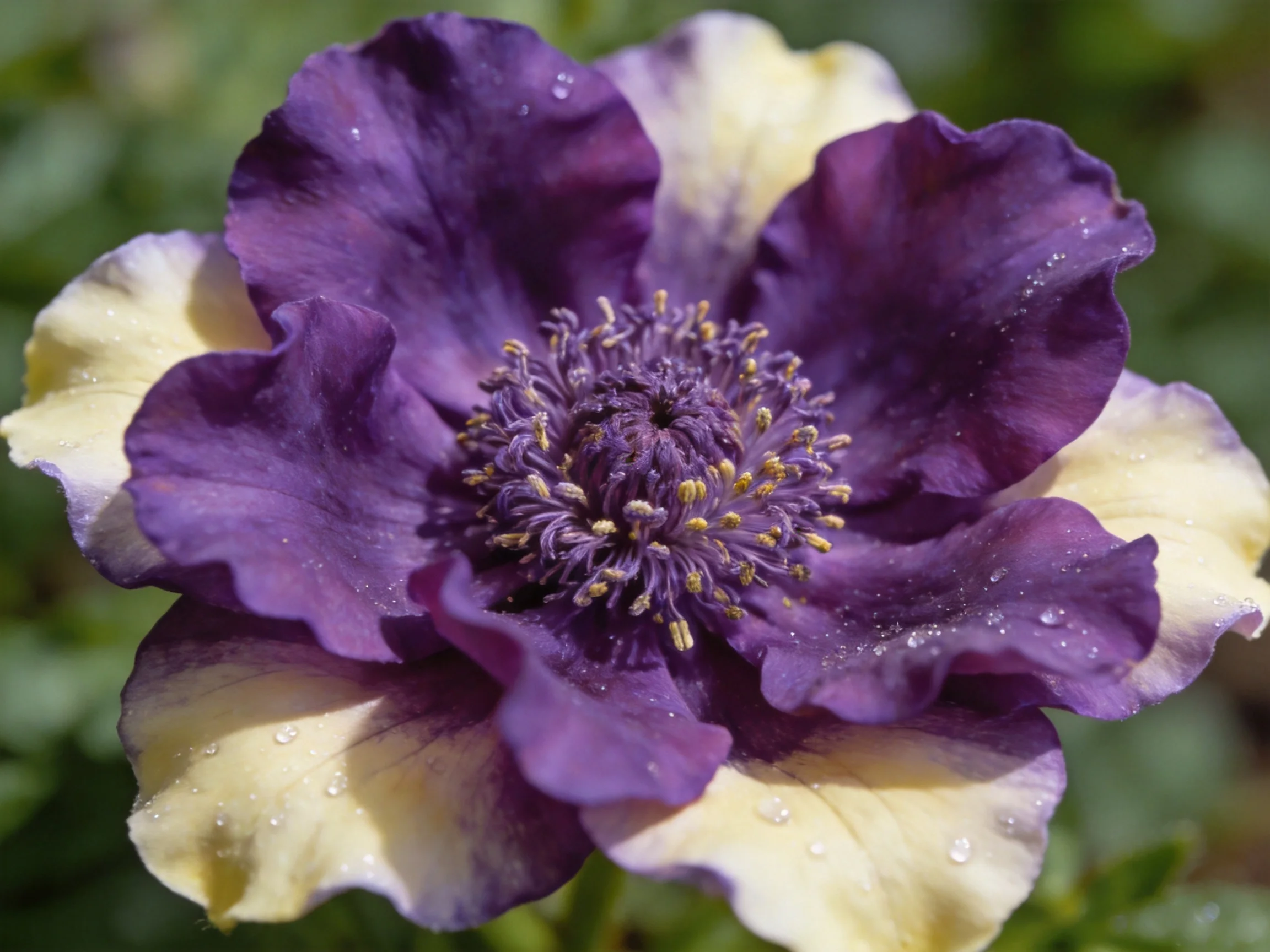 A two-tone purple and cream flower with dewdrops on ruffled petals