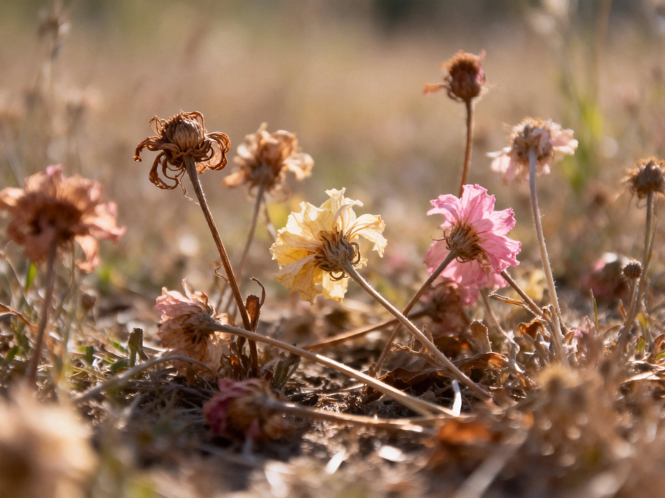 A variety of wildflowers in different blooming phases among dry plants