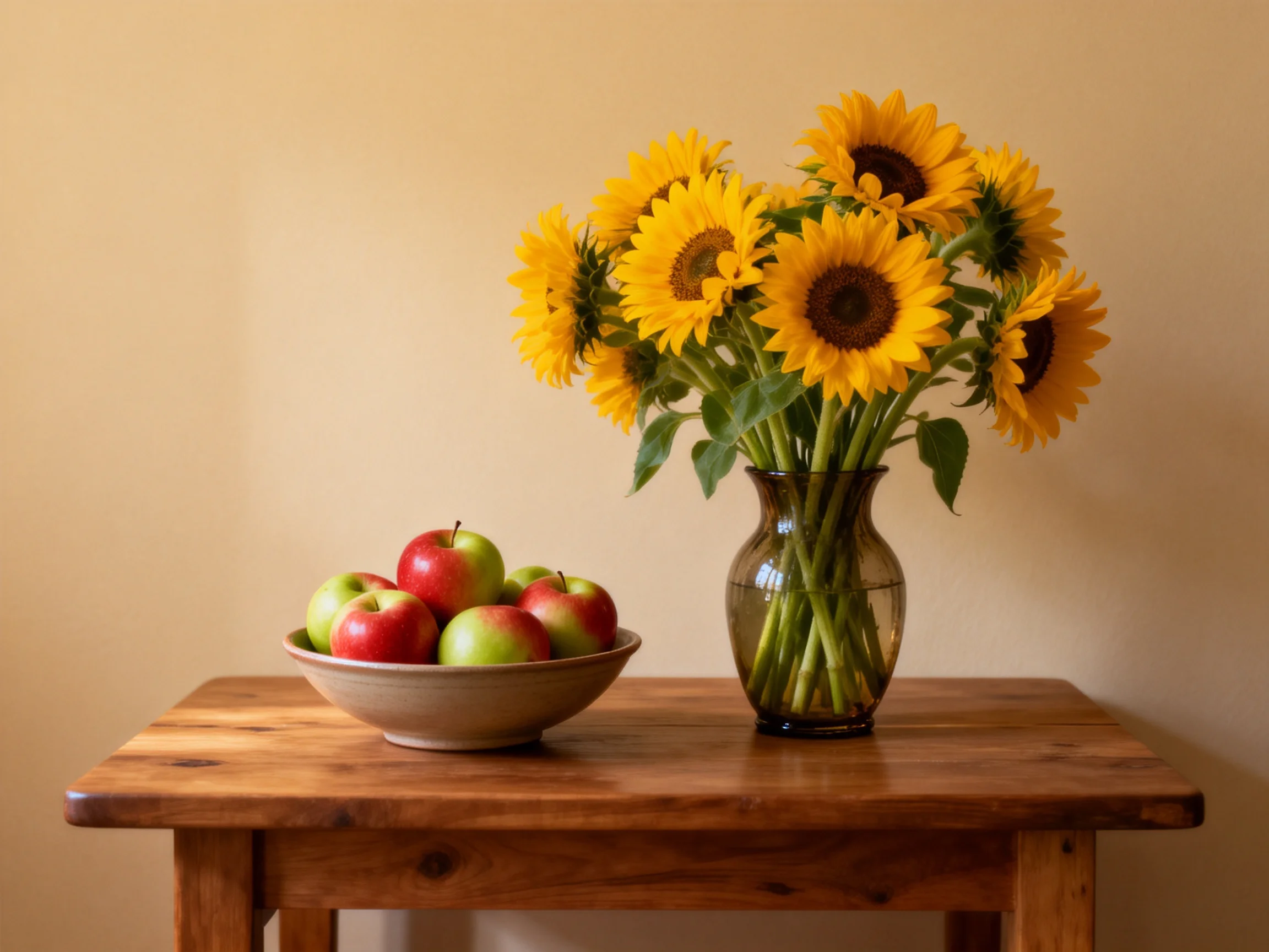 A vase of bright yellow sunflowers next to a bowl of red-green apples on a wooden table