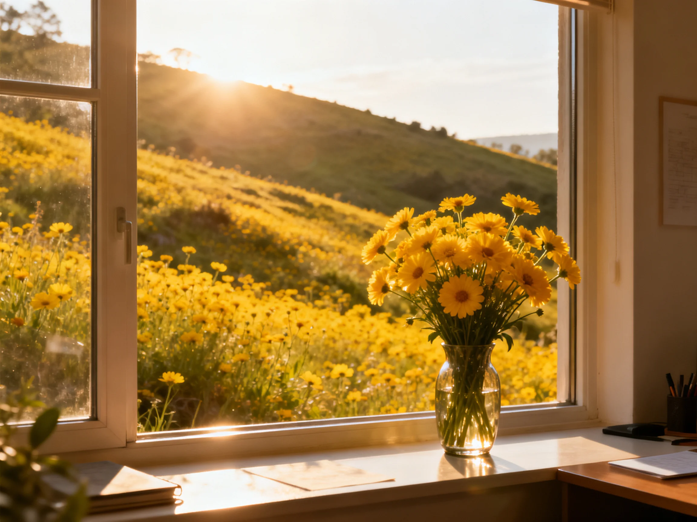 A vase of yellow flowers overlooks a vast golden meadow through an open window