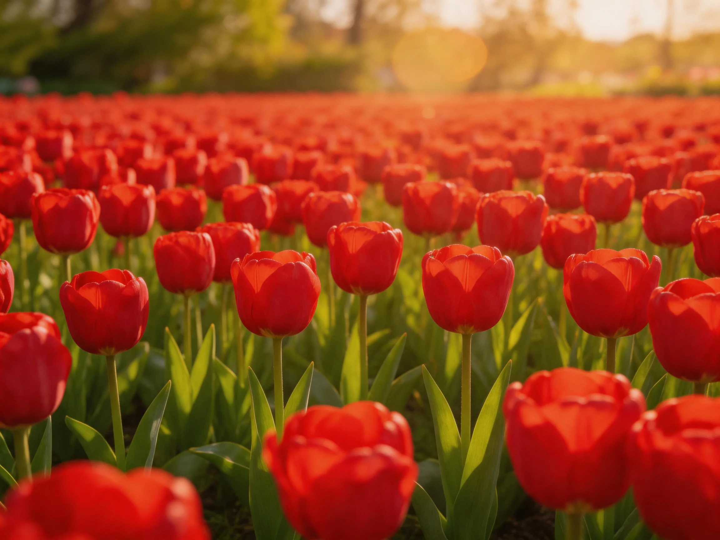 A vast field of bright red tulips glowing under sunlight