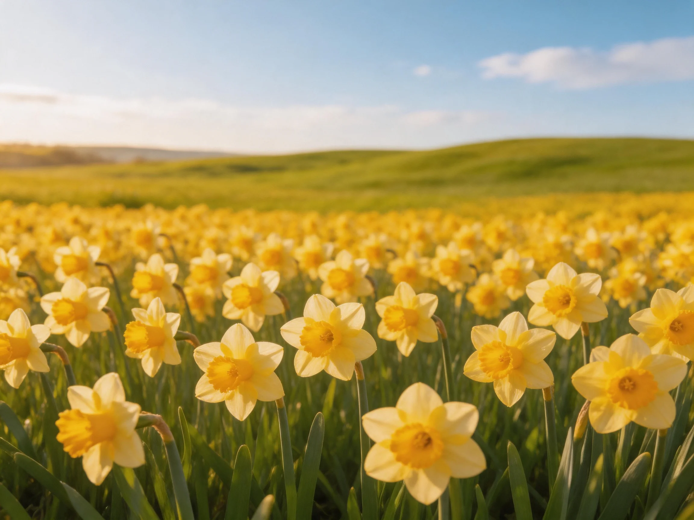 A vast field of bright yellow daffodils near rolling green hills