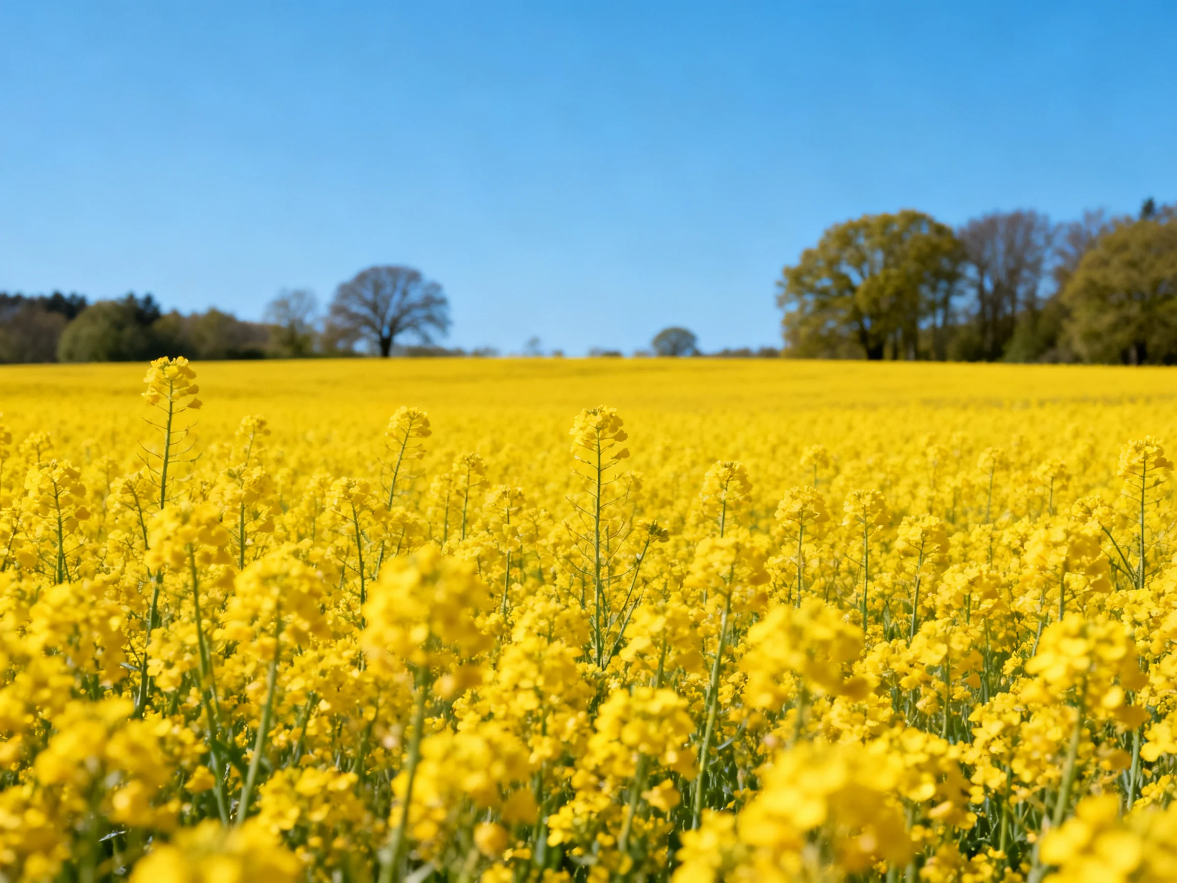A vast field of bright yellow rapeseed blooms under clear blue sky