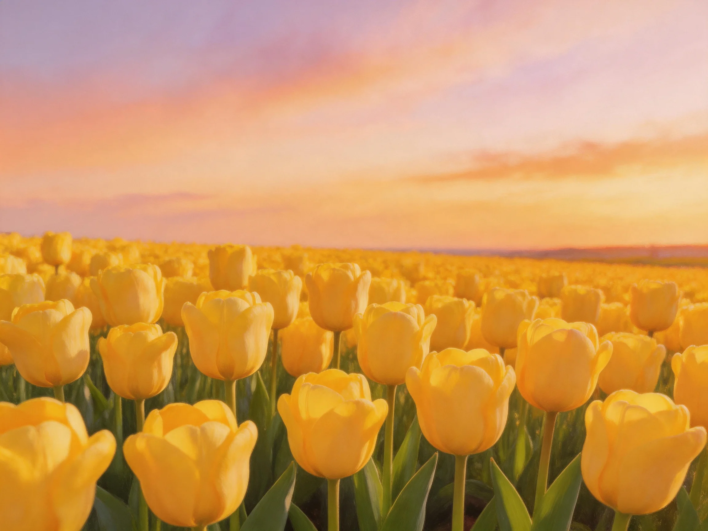 A vast field of bright yellow tulips under a colorful sunset sky